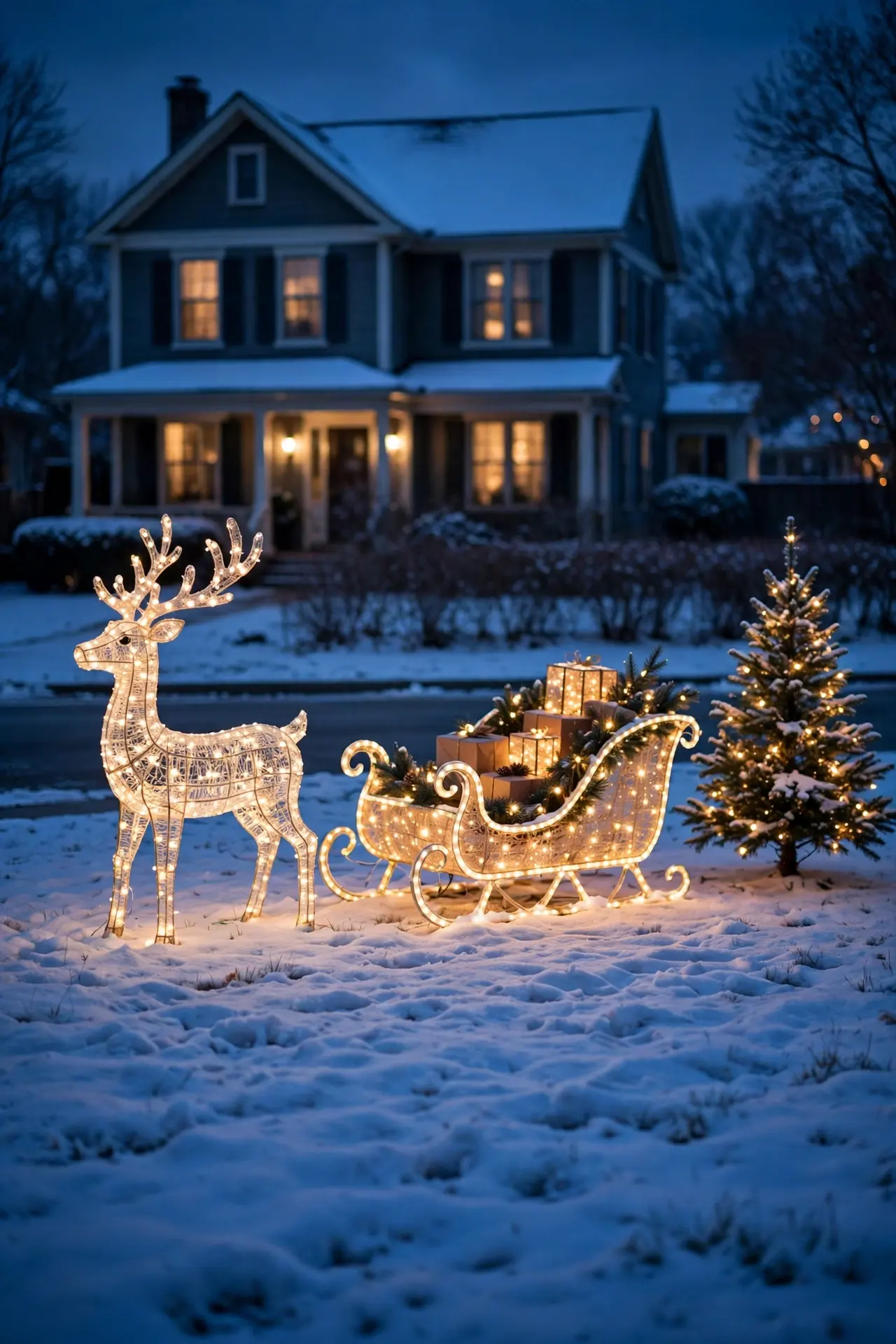 lighted reindeer sleigh front yard christmas
