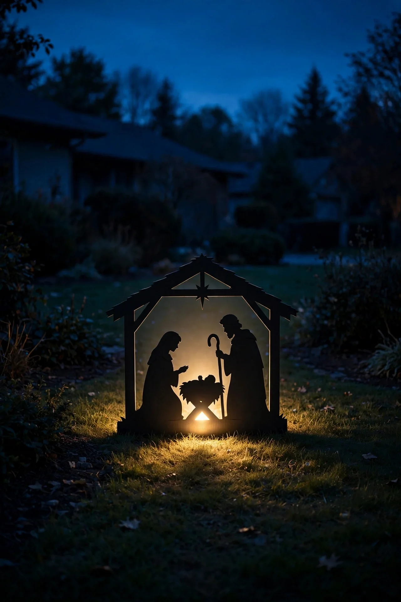 nativity scene spotlight front yard christmas