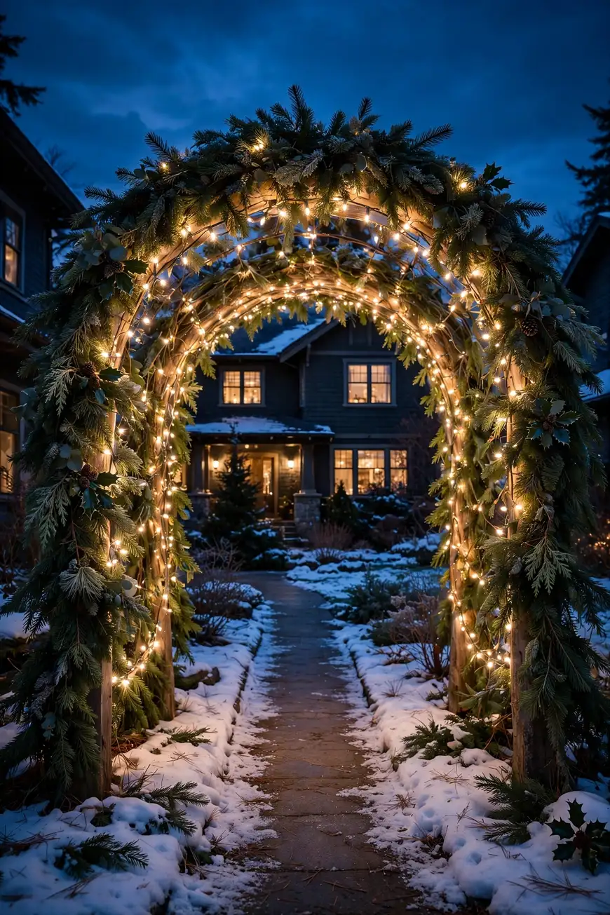 christmas light arch tunnel walkway evergreen