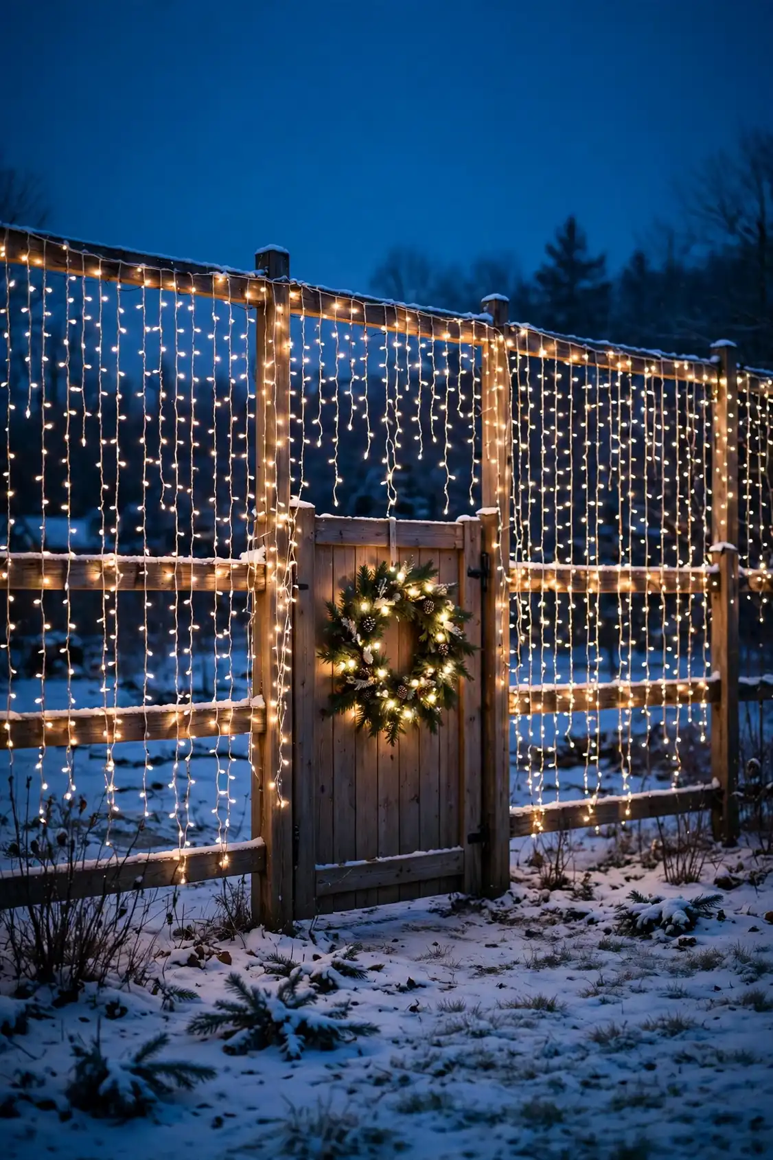 fence line curtain lights christmas backyard