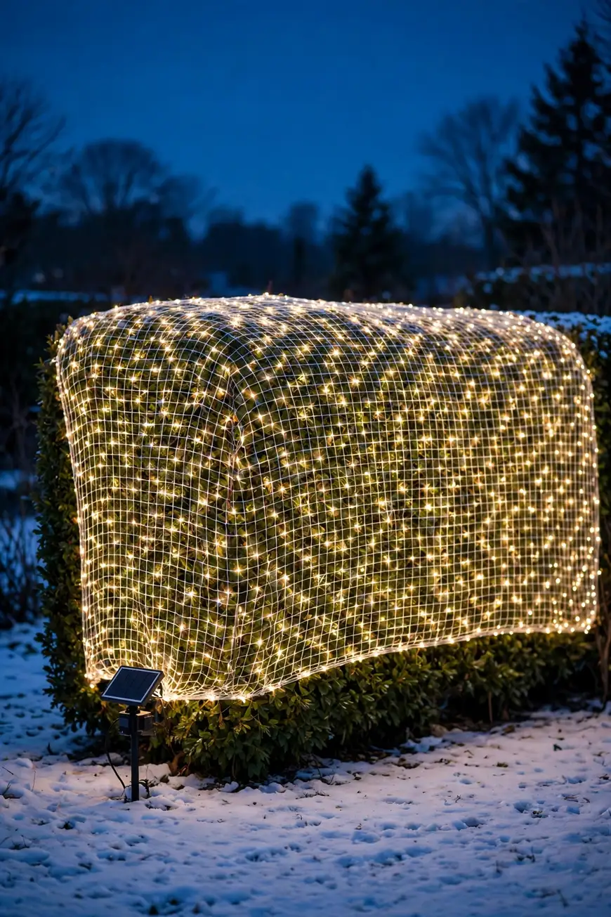 solar net lights fence hedge christmas
