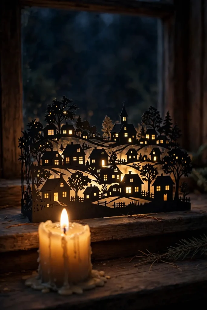 paper christmas decorations cut village silhouette