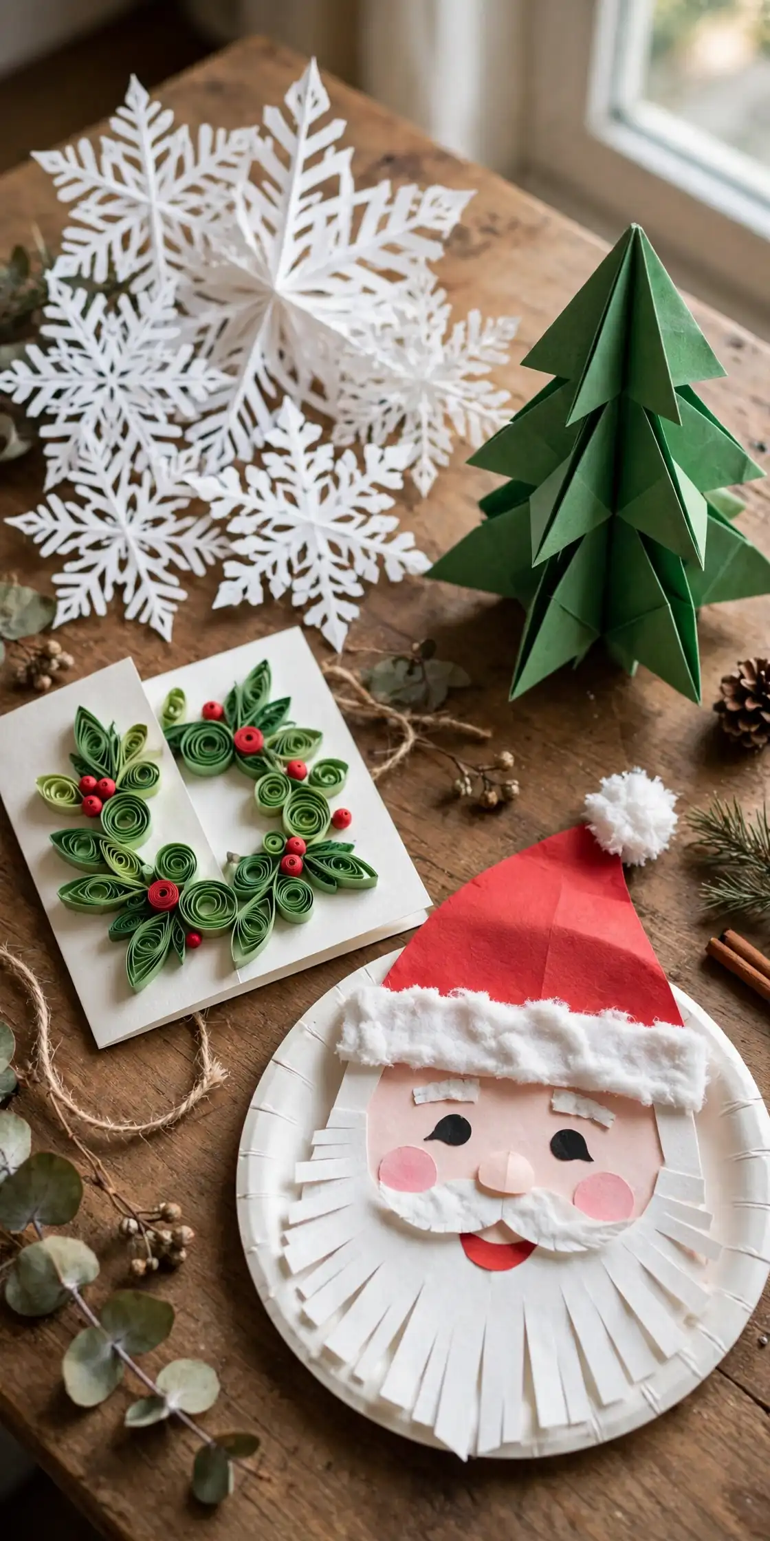 paper christmas crafts collage of paper snowflakes, origami tree, quilled card and paper plate Santa