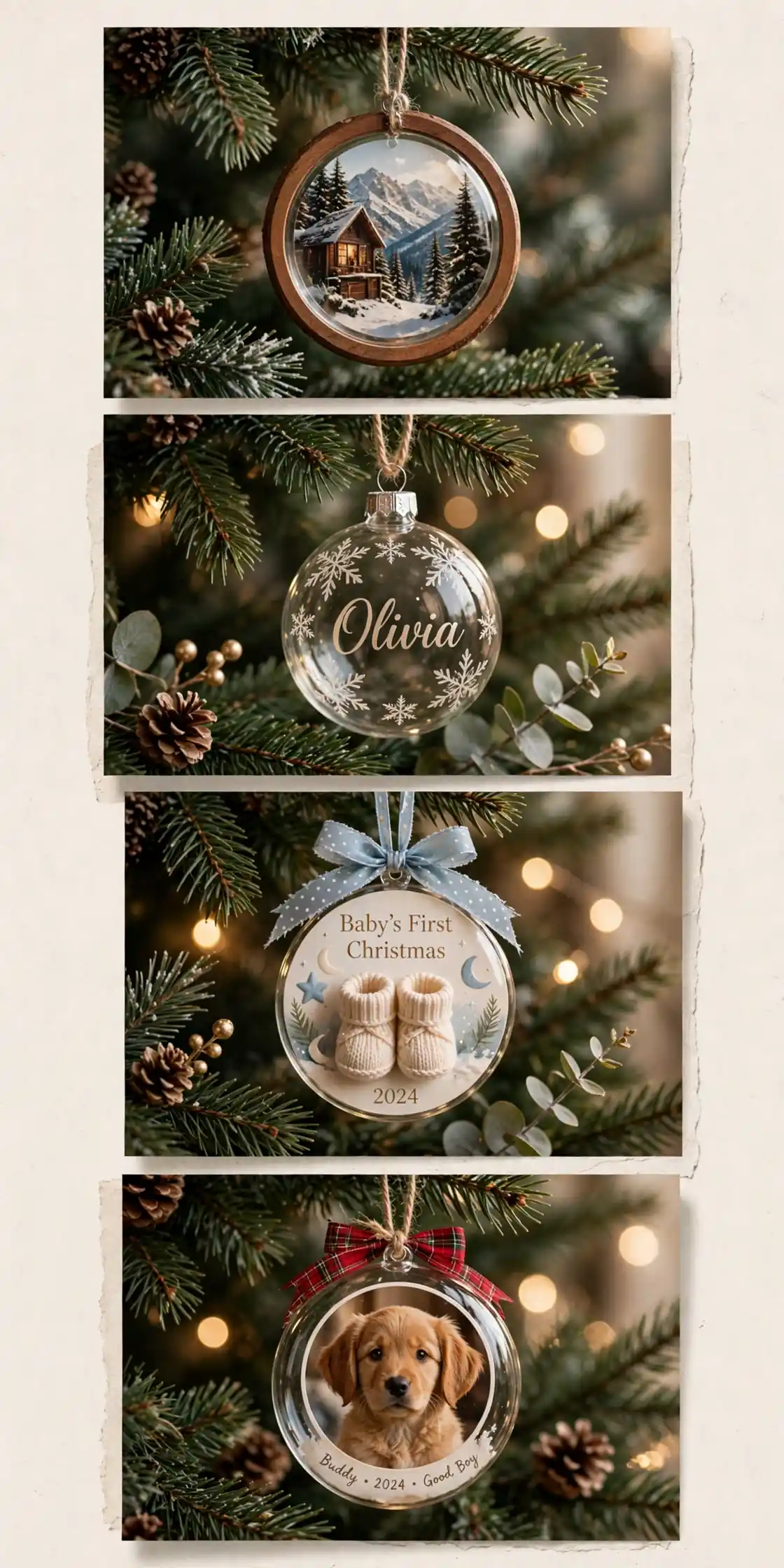 personalized christmas ornament collage of photo ornament, engraved name bauble, baby's first ornament and pet ornament