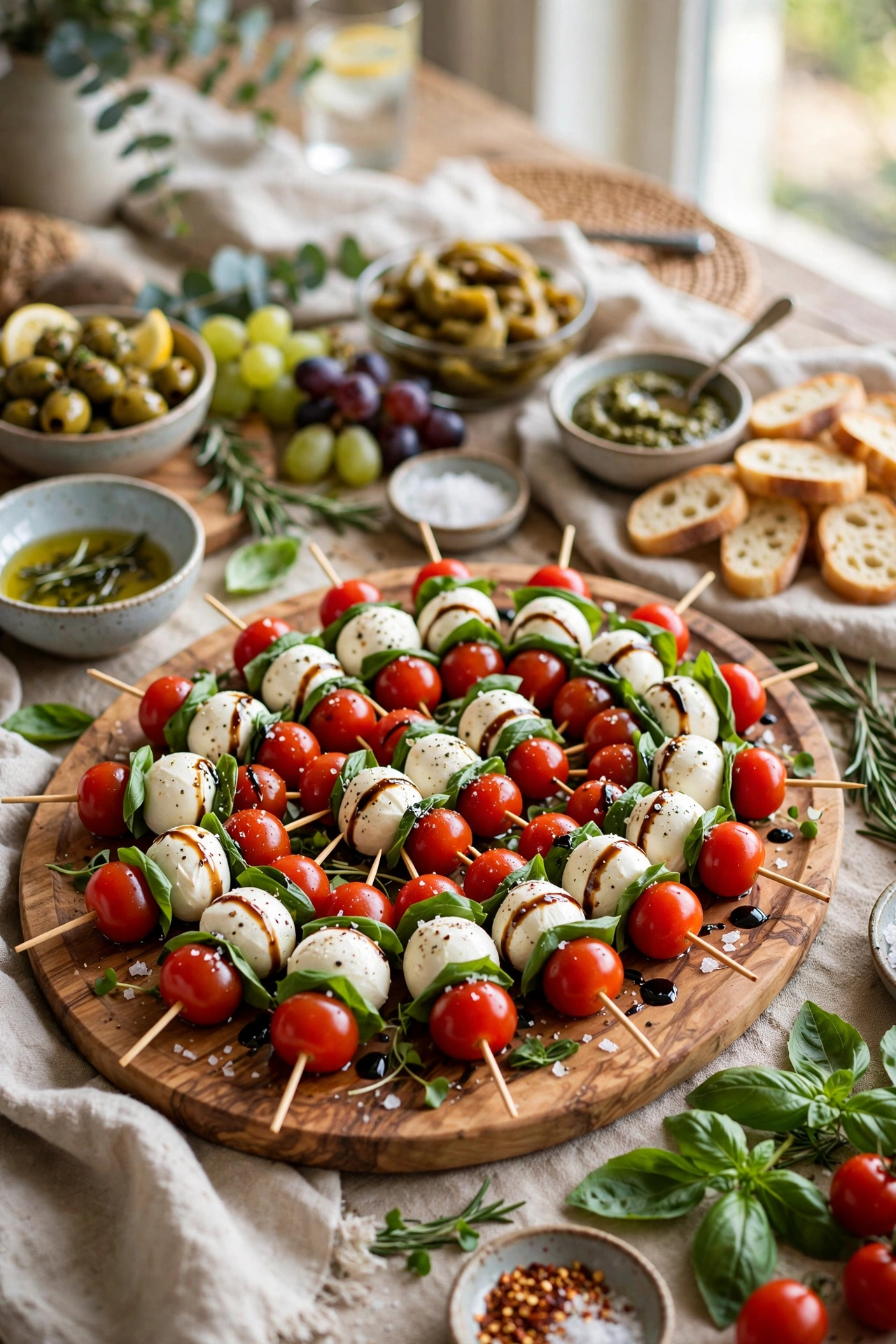 caprese skewers on party platter