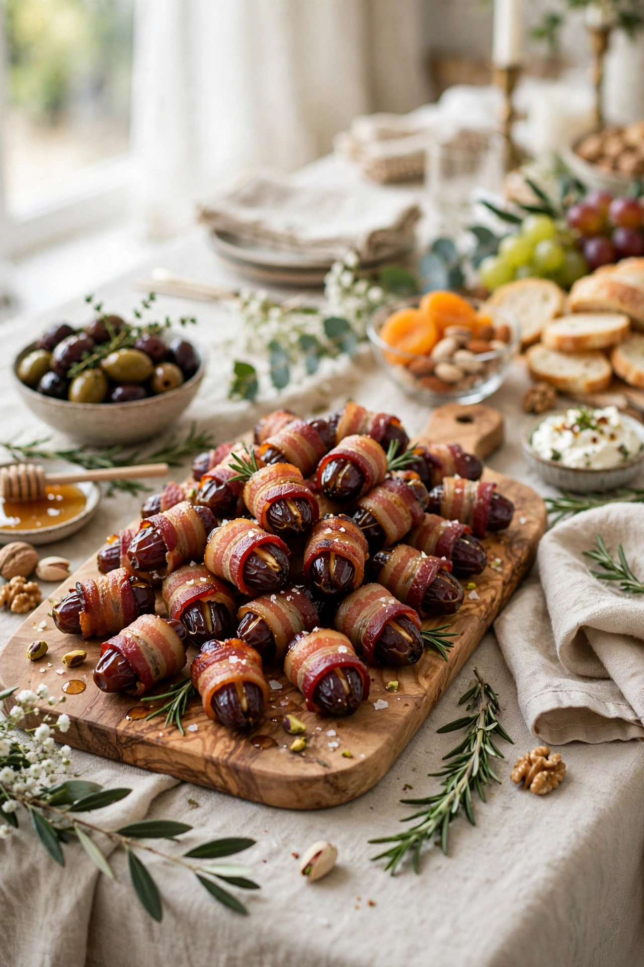 bacon wrapped dates on serving board