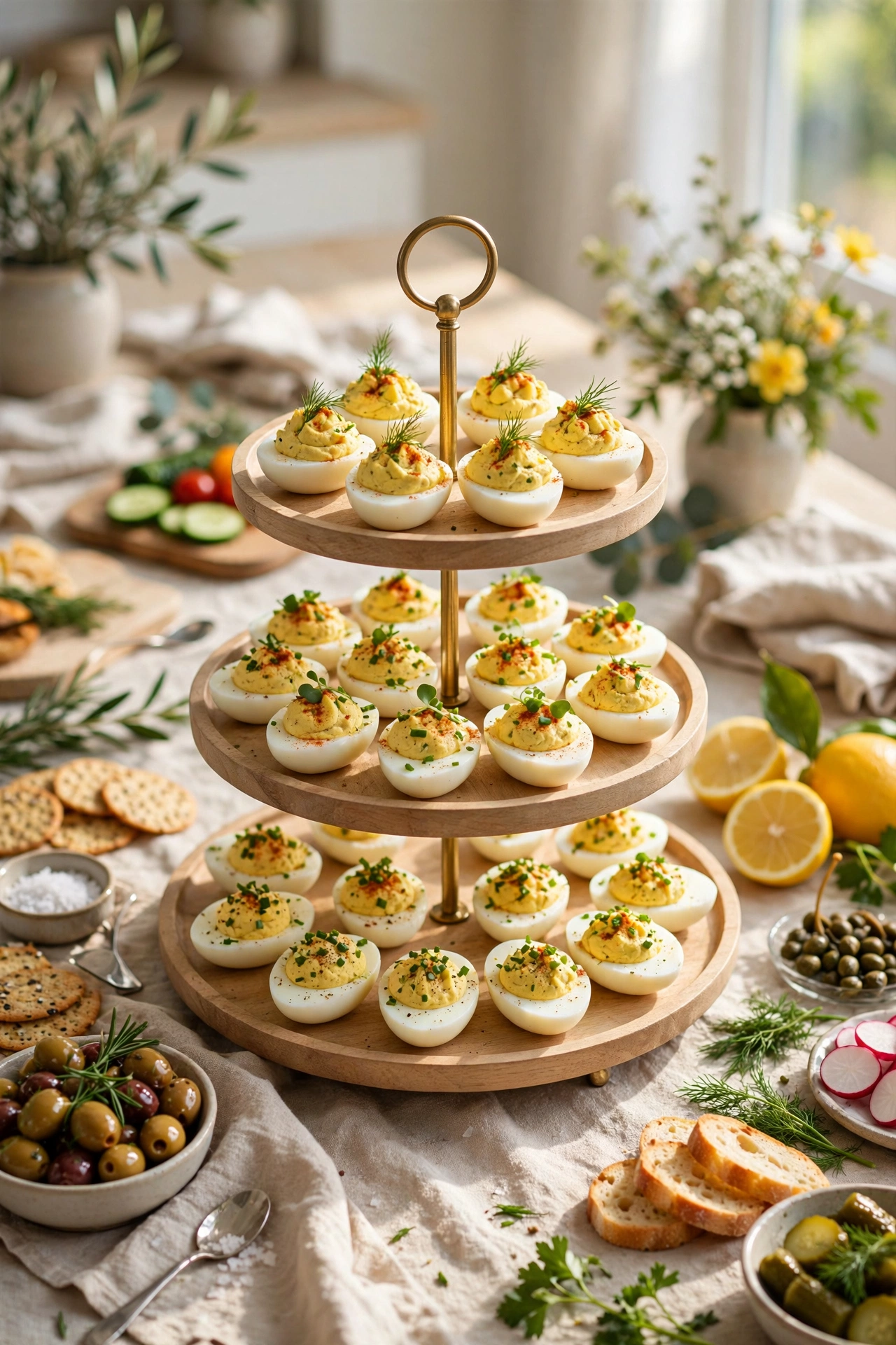 deviled eggs on tiered serving tray