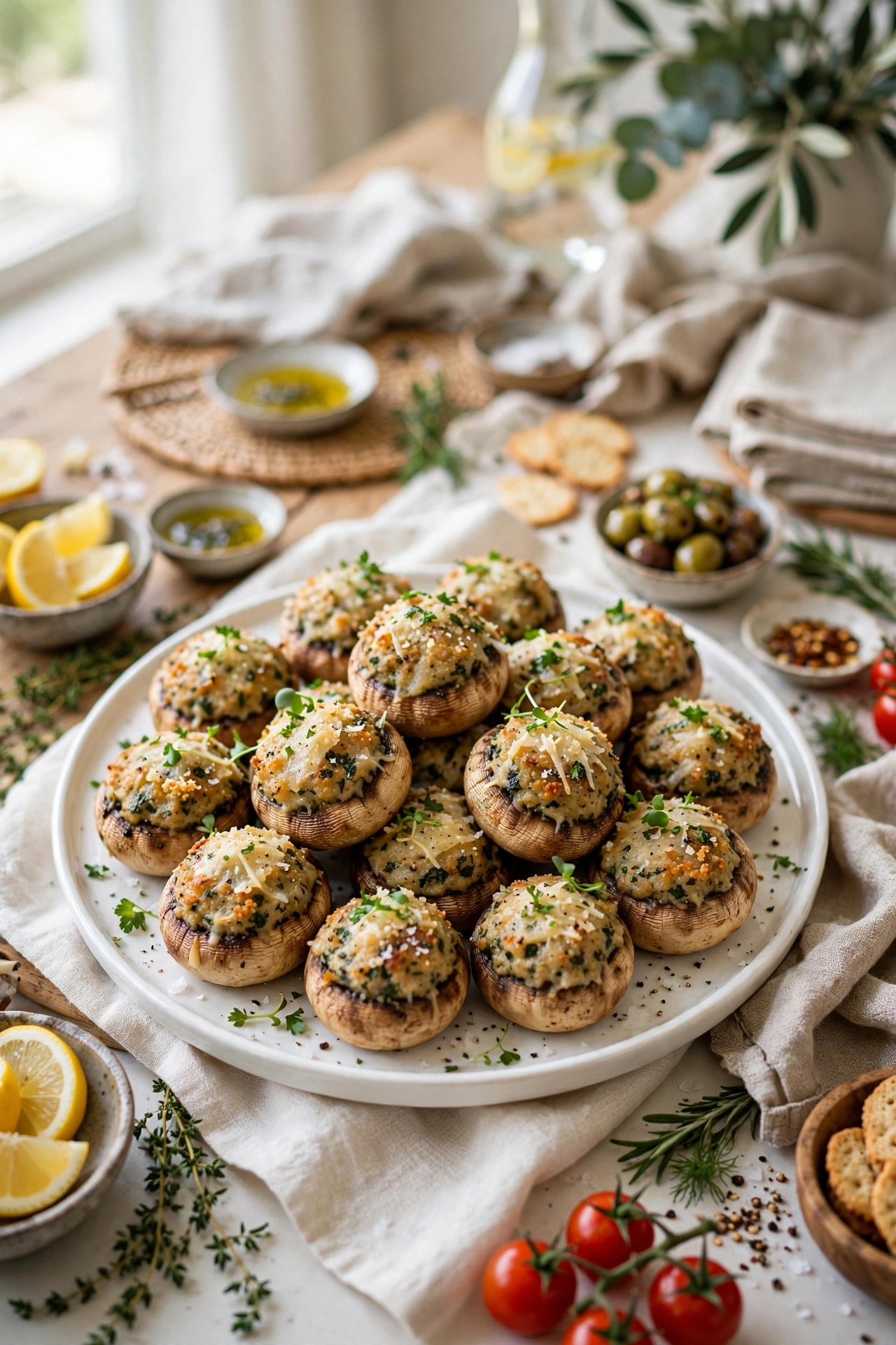 stuffed mushrooms on white platter