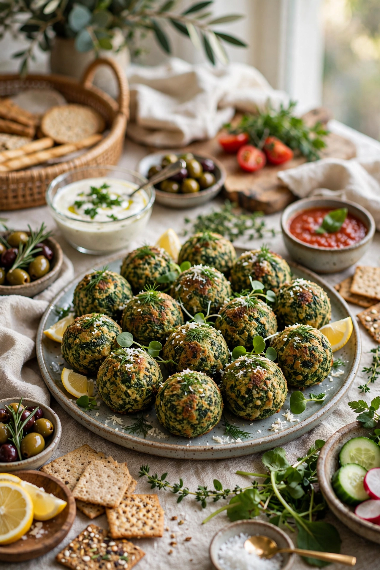 spinach balls on appetizer platter