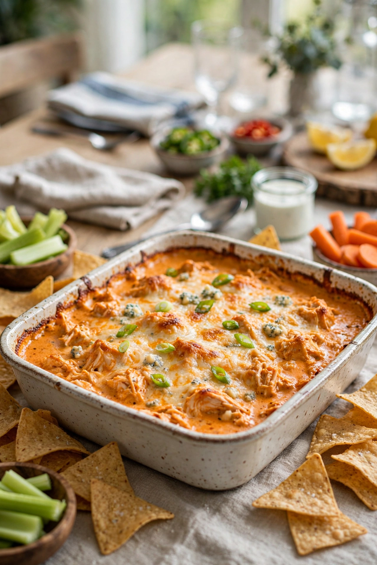 buffalo chicken dip with tortilla chips