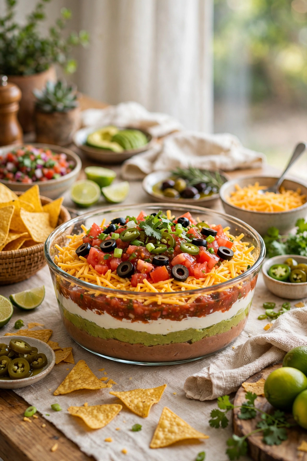 seven layer taco dip in glass dish