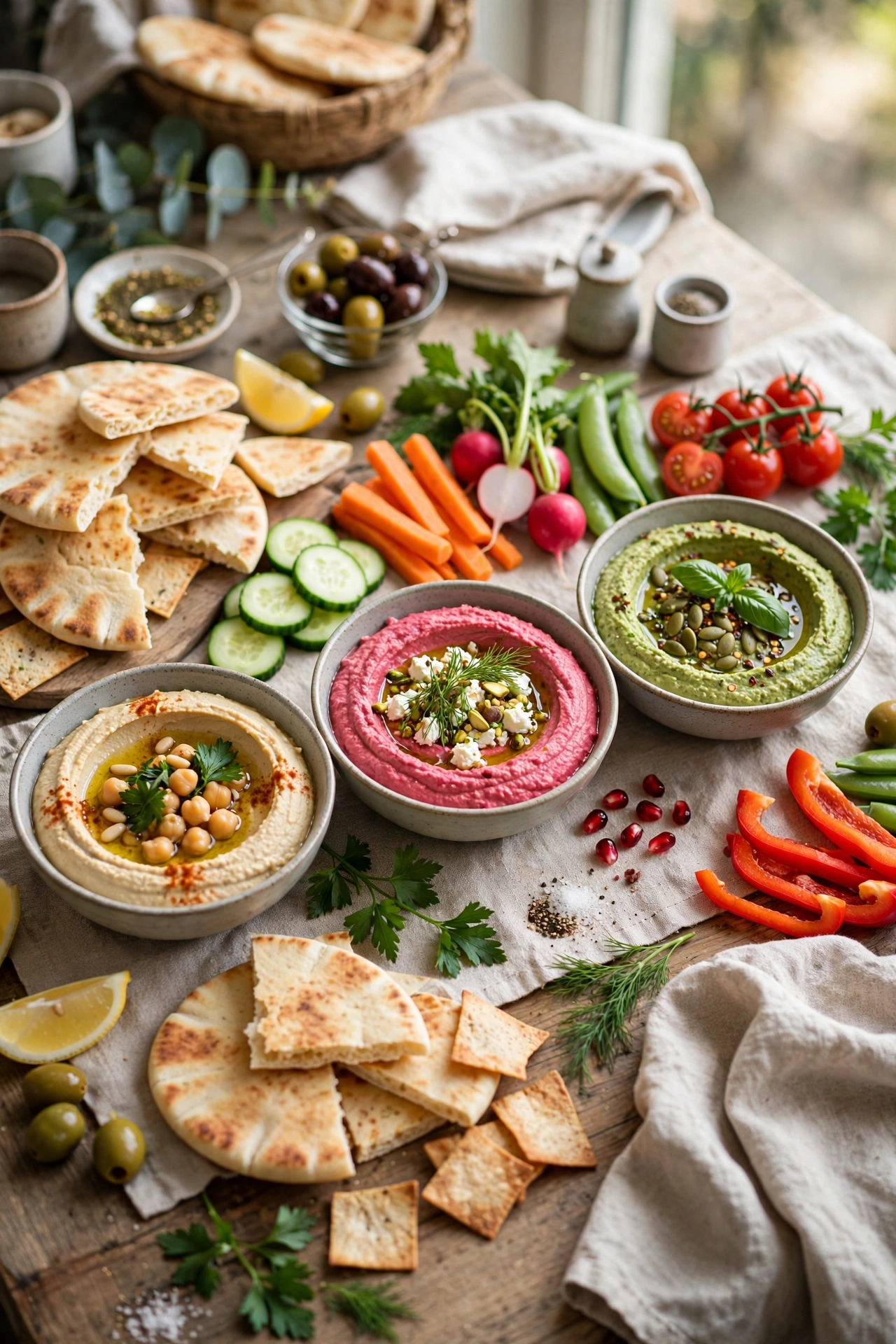 hummus trio bowls with pita and vegetables