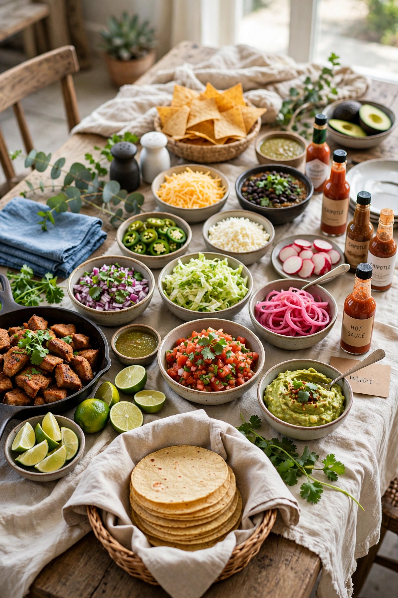 taco bar spread with toppings bowls