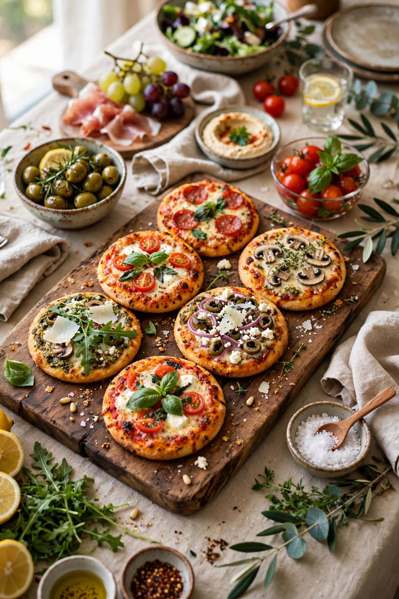 mini pizzas on wooden serving board