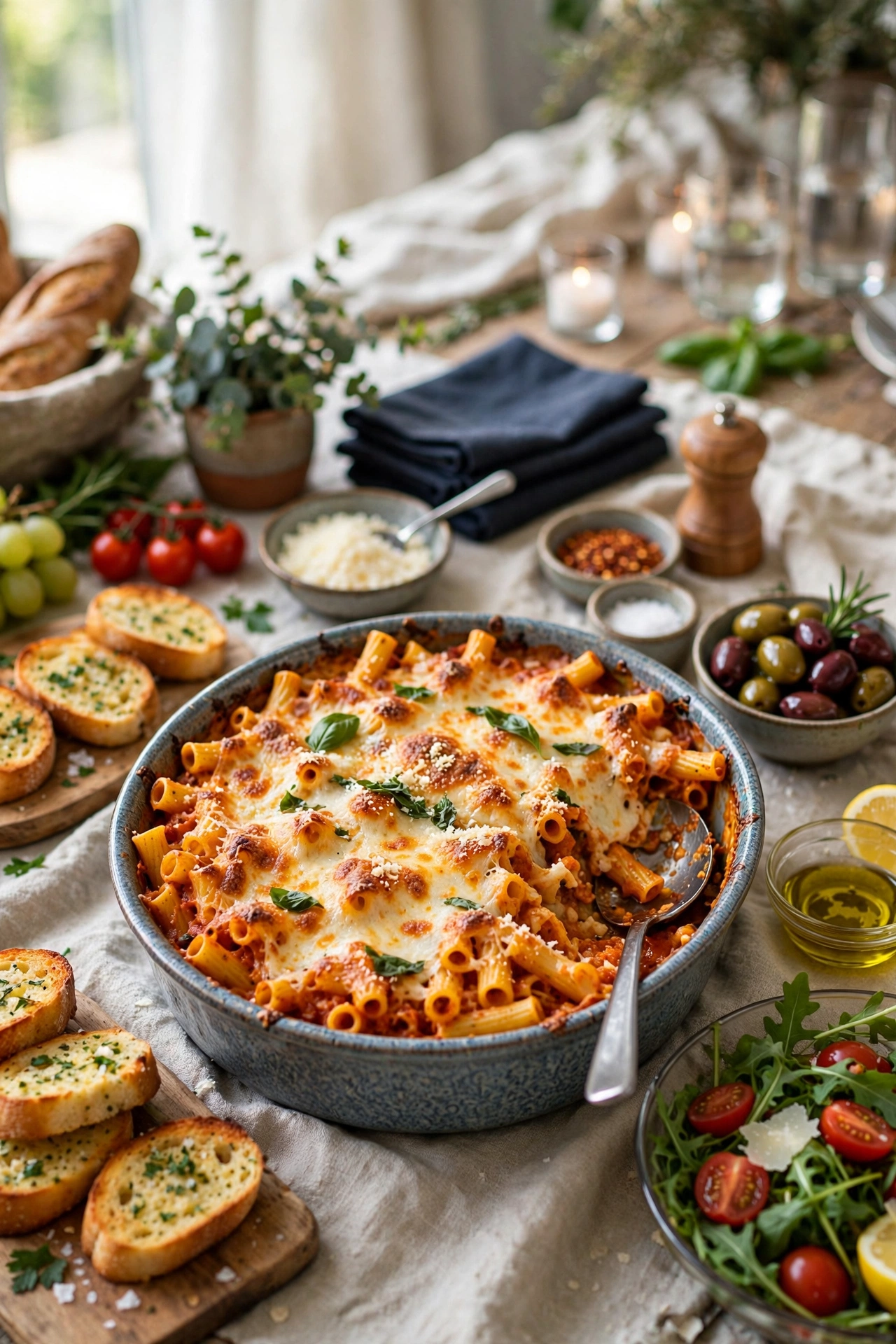 baked ziti pasta in casserole dish