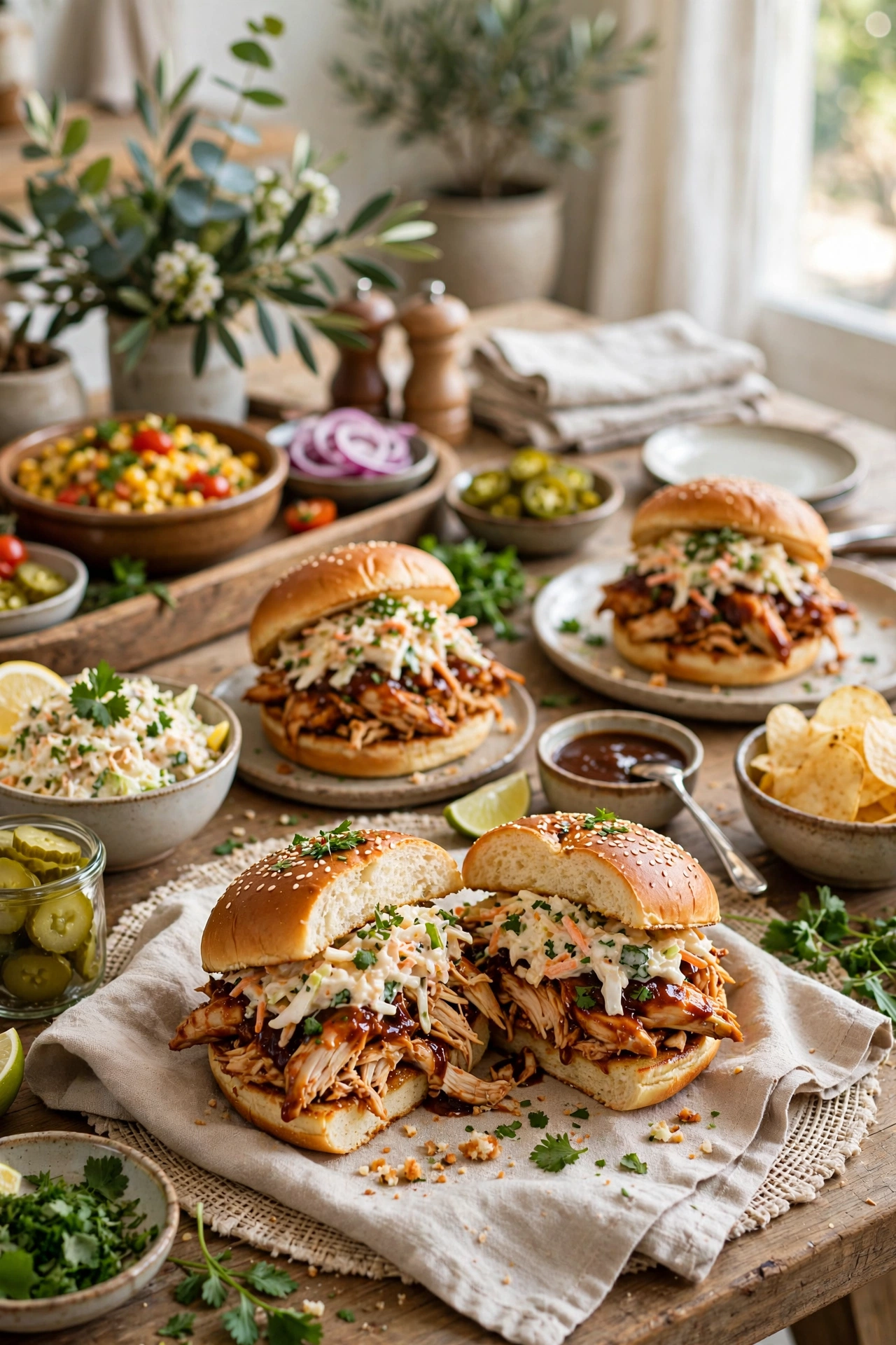 bbq pulled chicken sandwiches on buns