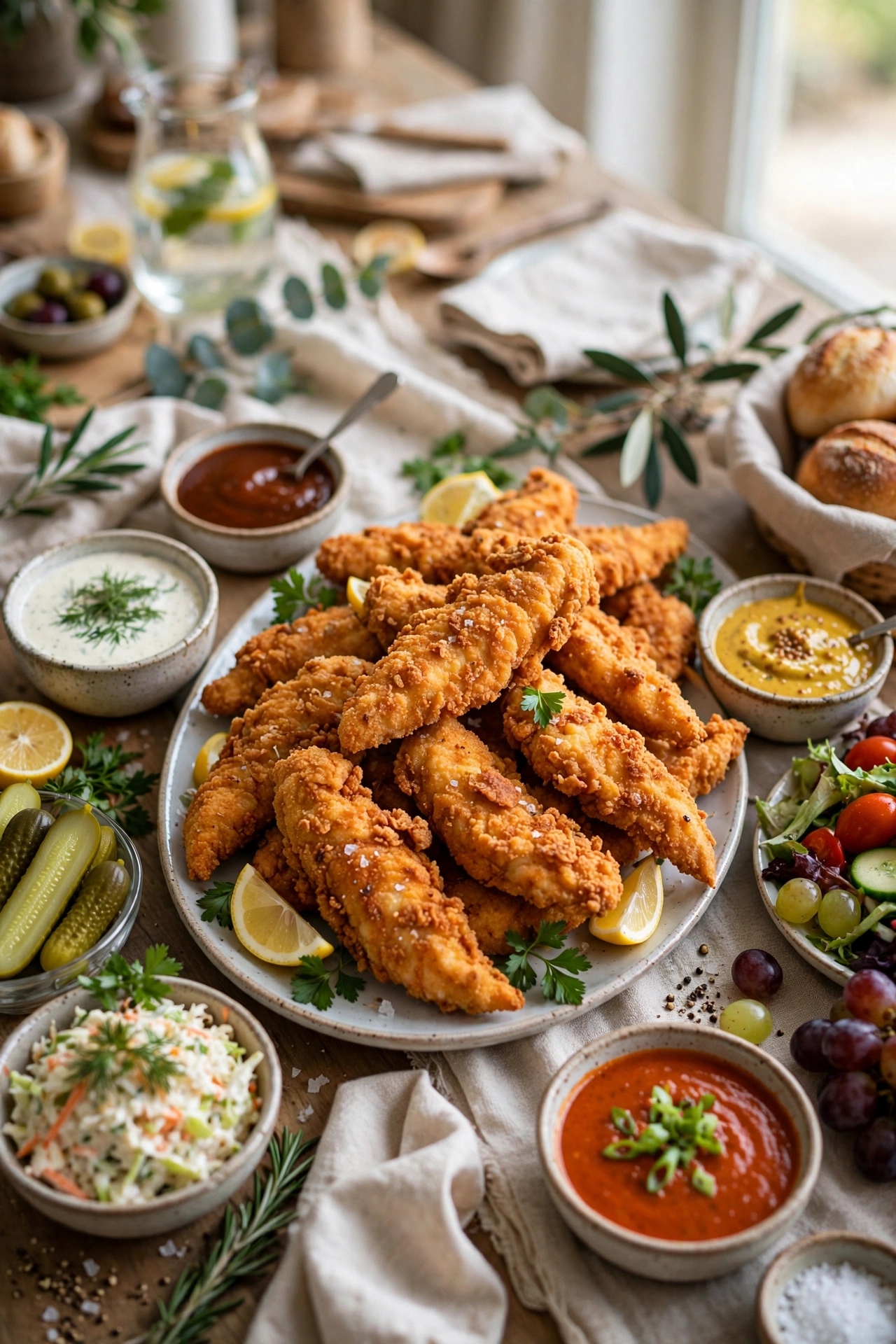 crispy chicken tenders platter with dips