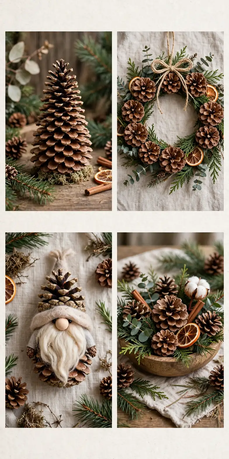 pinecone christmas crafts collage of pinecone tree, pinecone wreath, pinecone gnome ornament and pinecone centrepiece
