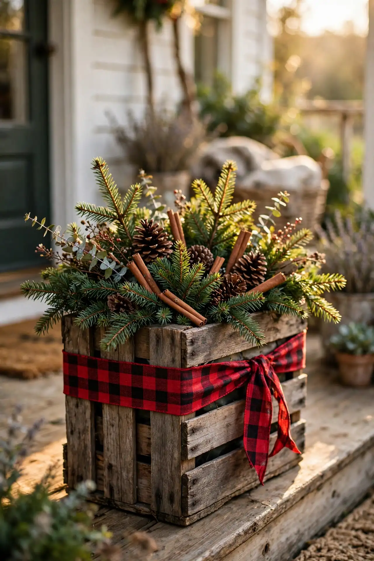 Wooden Crate Christmas Planter With Plaid Ribbon christmas planter wooden crate plaid ribbon porch