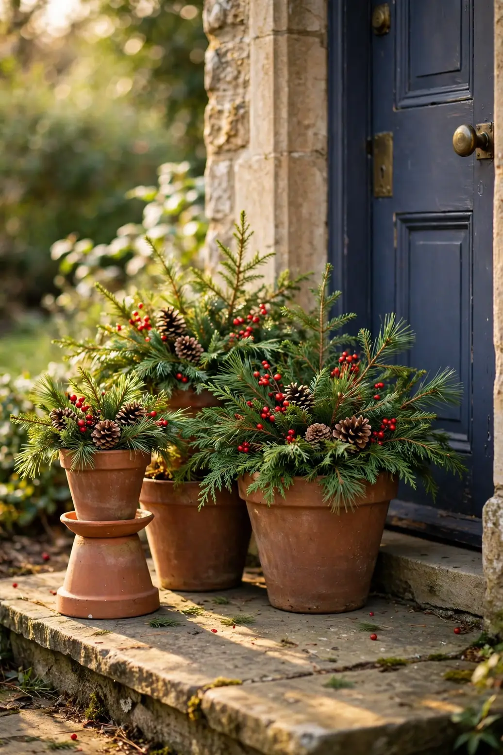 Terracotta Christmas Planters Clustered By The Door christmas planters terracotta pots cluster doorstep