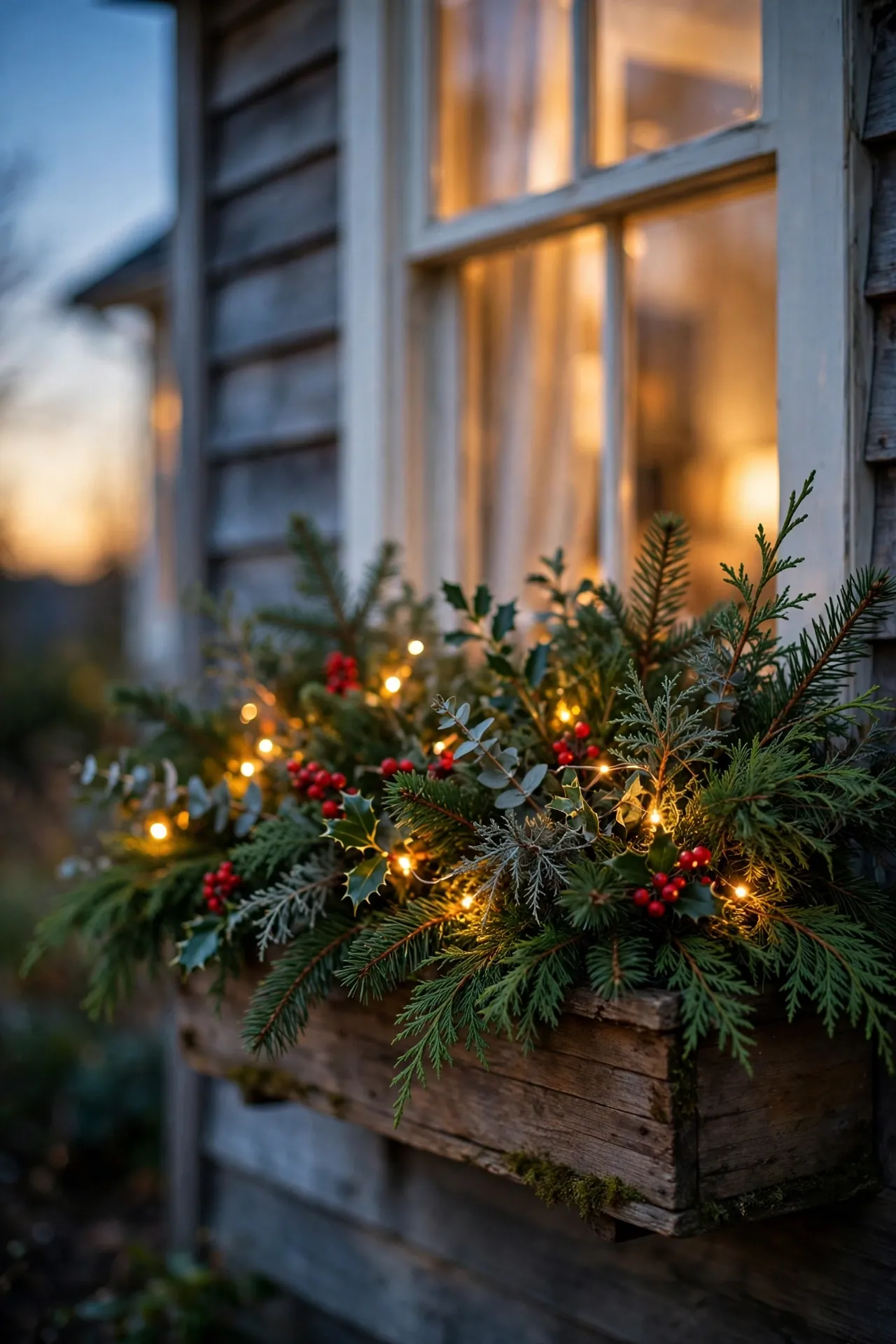 Christmas Window Box With Mini Lights christmas window box mini lights greenery evening