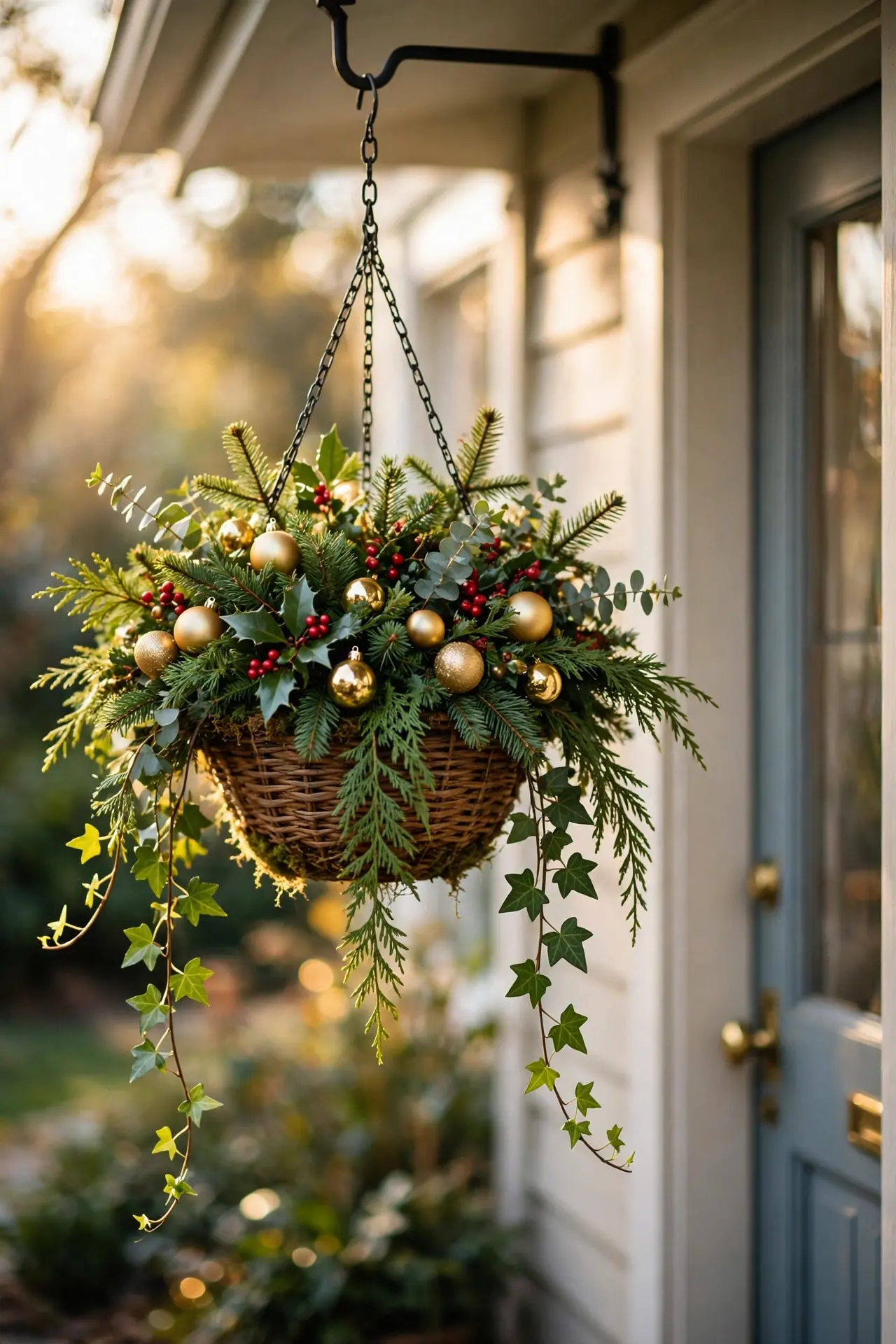 Christmas Hanging Basket With Greenery And Baubles christmas hanging basket greenery baubles porch