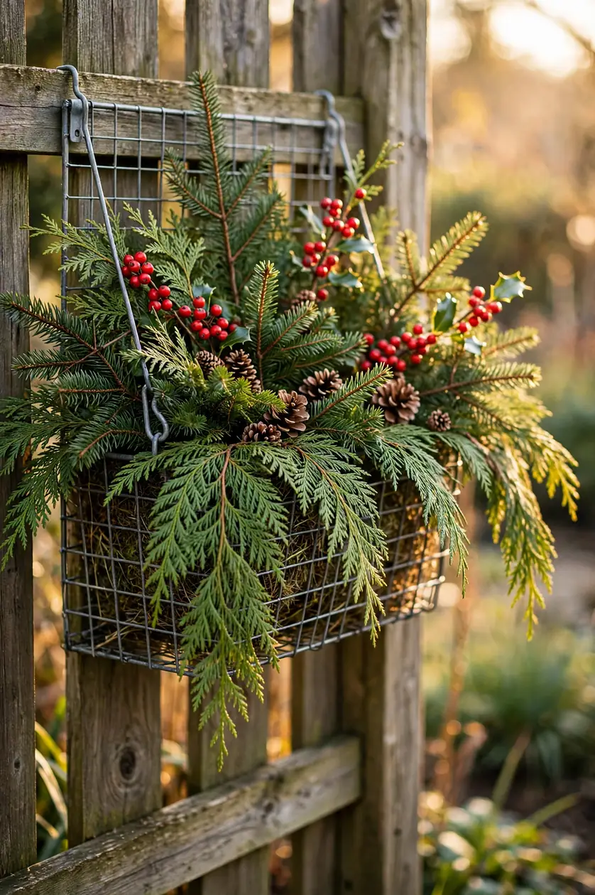 Christmas Hayrack Planter On Garden Fence christmas planter hayrack fence greenery display