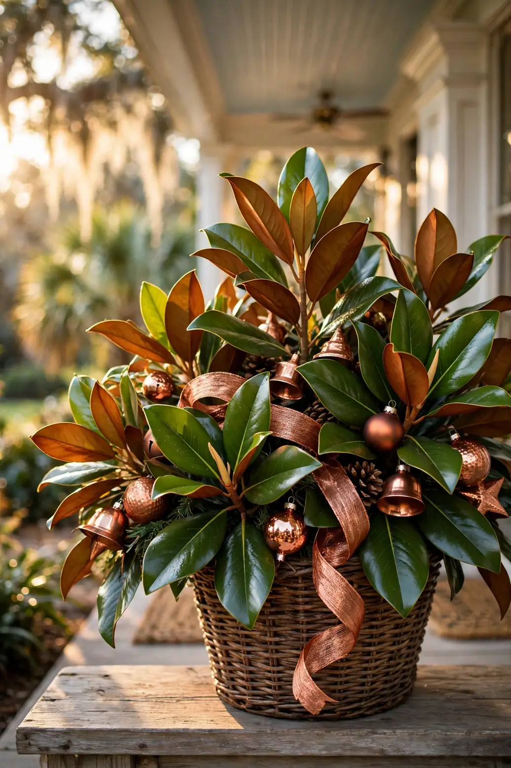 Southern Christmas Planter With Magnolia And Copper christmas planter magnolia leaves copper accents southern