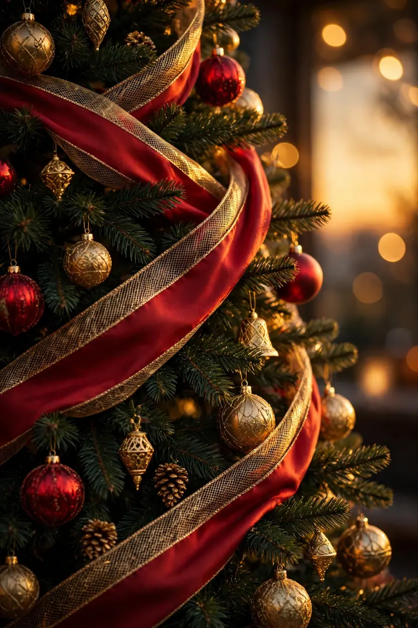 Red And Gold Ribbon Christmas Tree red and gold ribbon layered christmas tree