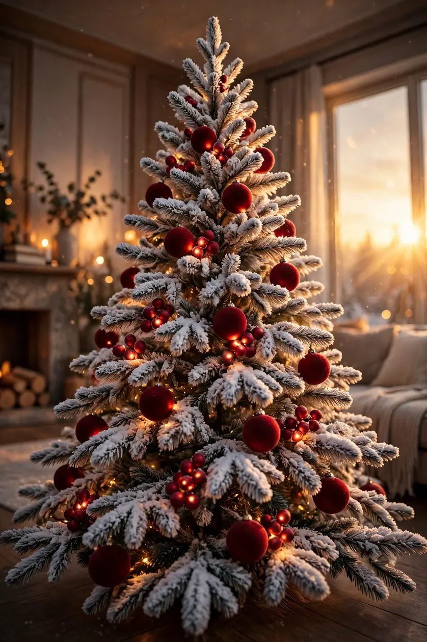 Flocked Tree With Red Ornaments flocked christmas tree with red ornaments