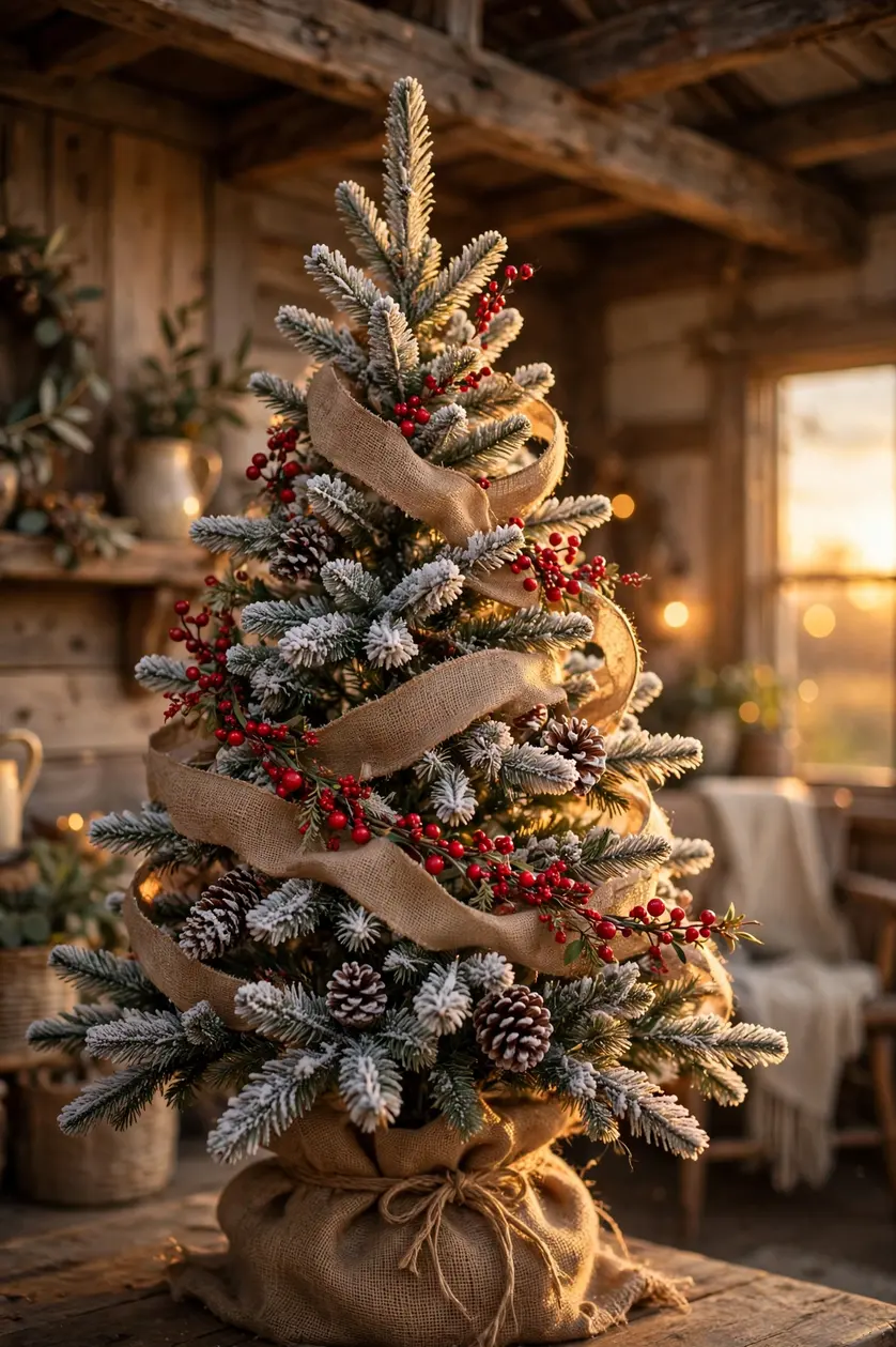 Flocked Tree Red Berries Burlap flocked christmas tree red berries burlap