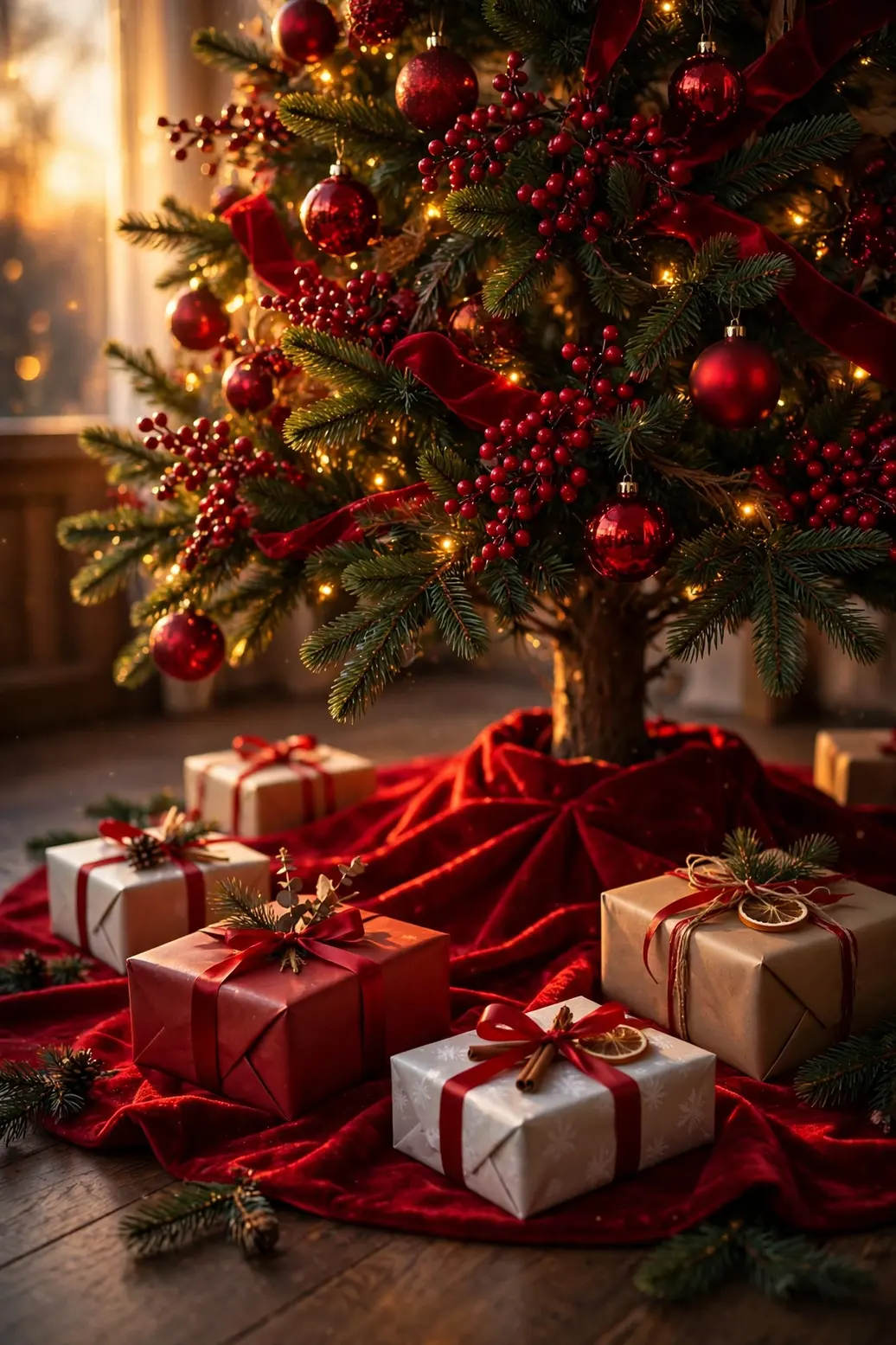 Red Tree Skirt And Gifts red christmas tree skirt wrapped gifts