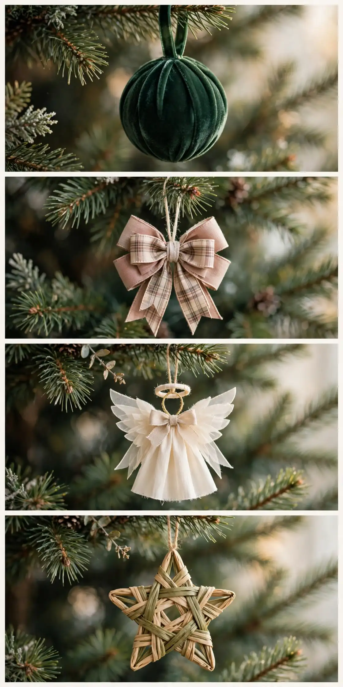 ribbon christmas ornament collage of velvet ribbon bauble, layered bow ornament, ribbon angel and woven ribbon star