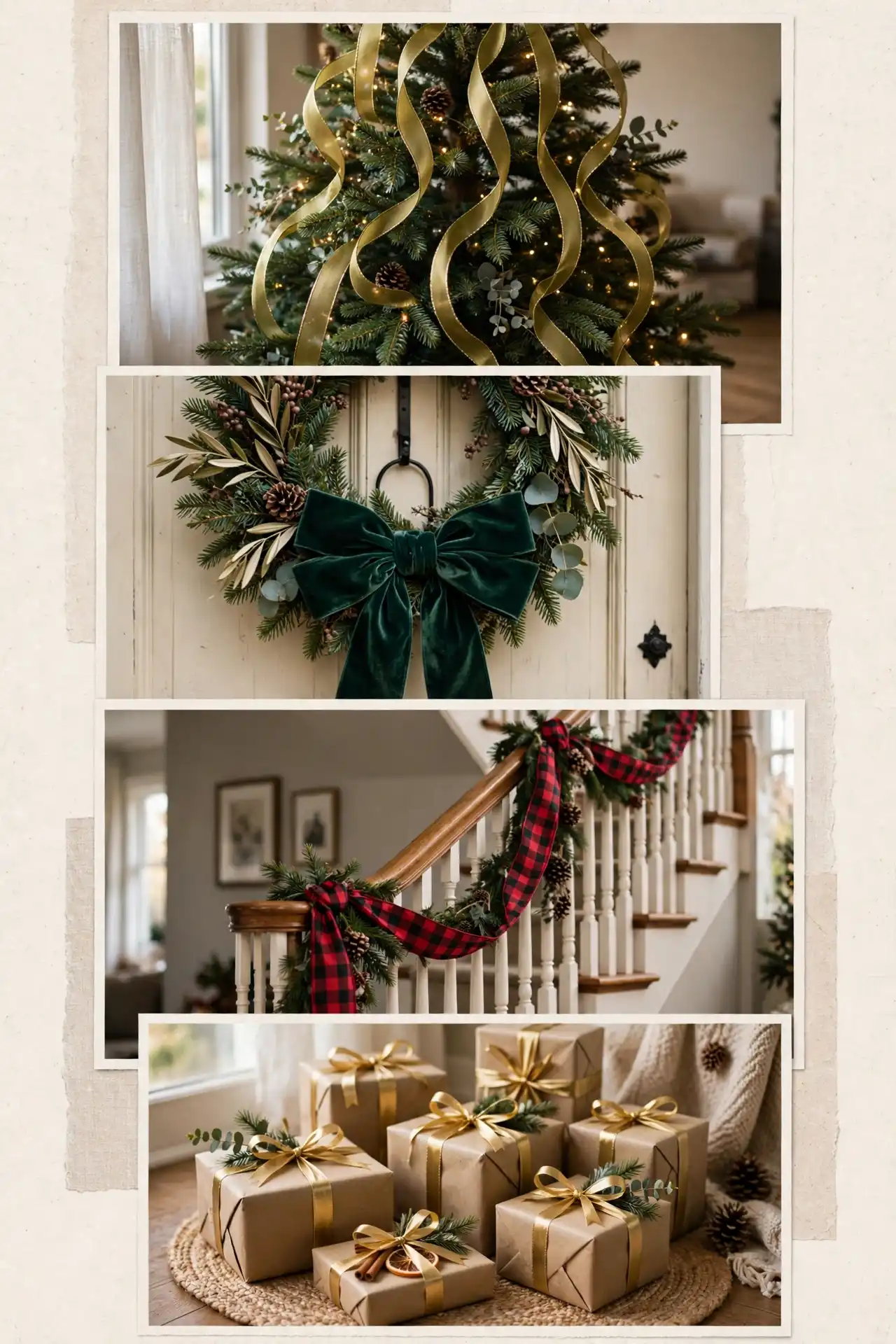 christmas ribbon collage of wired ribbon cascade on a tree, velvet bow on a wreath, plaid ribbon on a staircase and gold ribbon on gifts