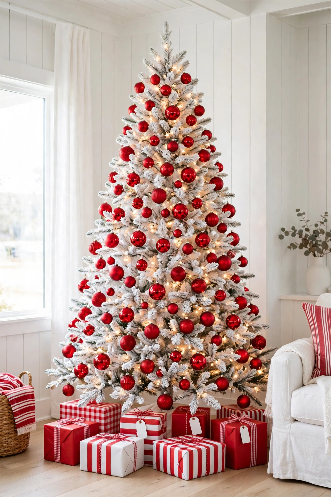 white flocked christmas tree with red ornaments