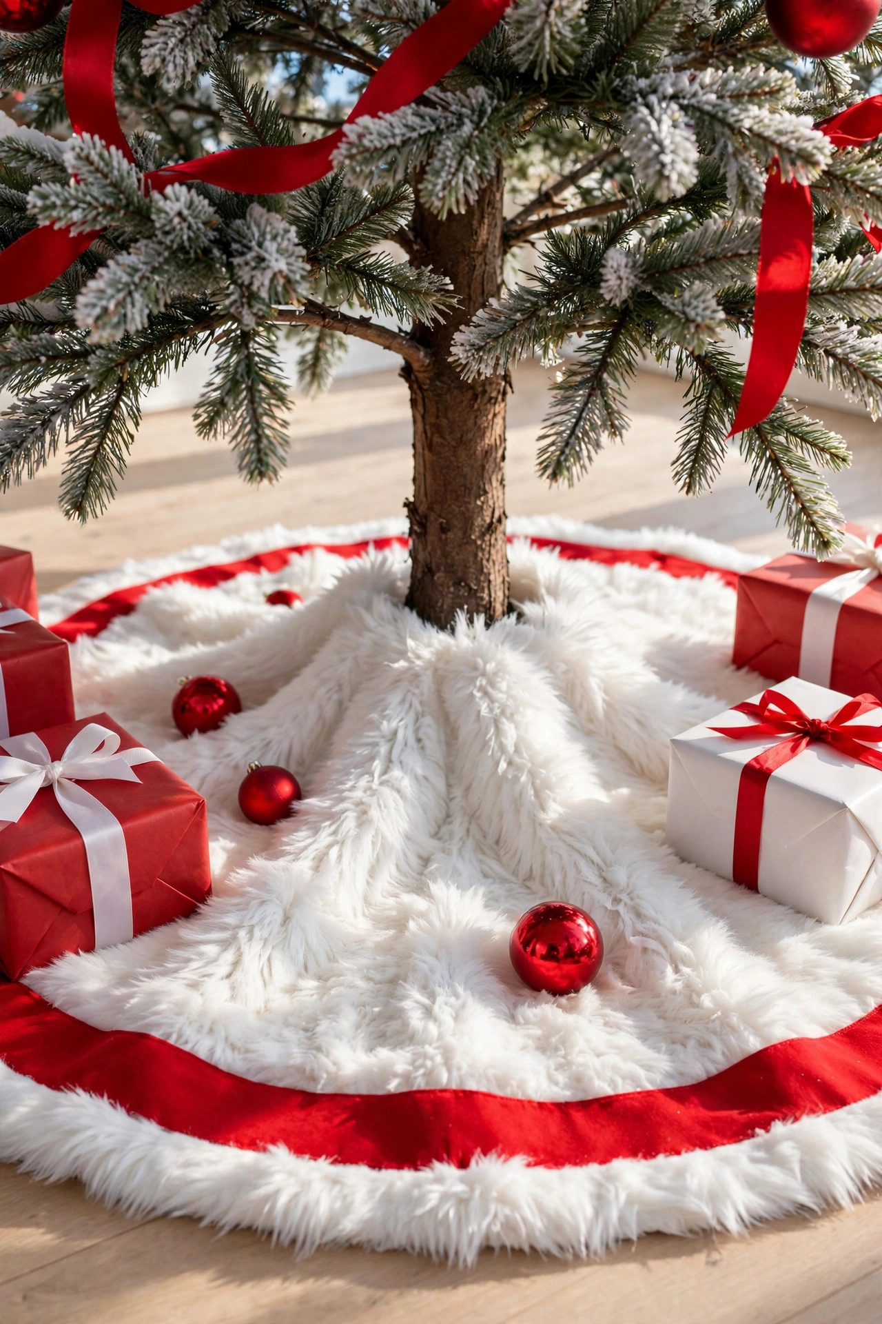 white faux fur tree skirt red christmas tree base