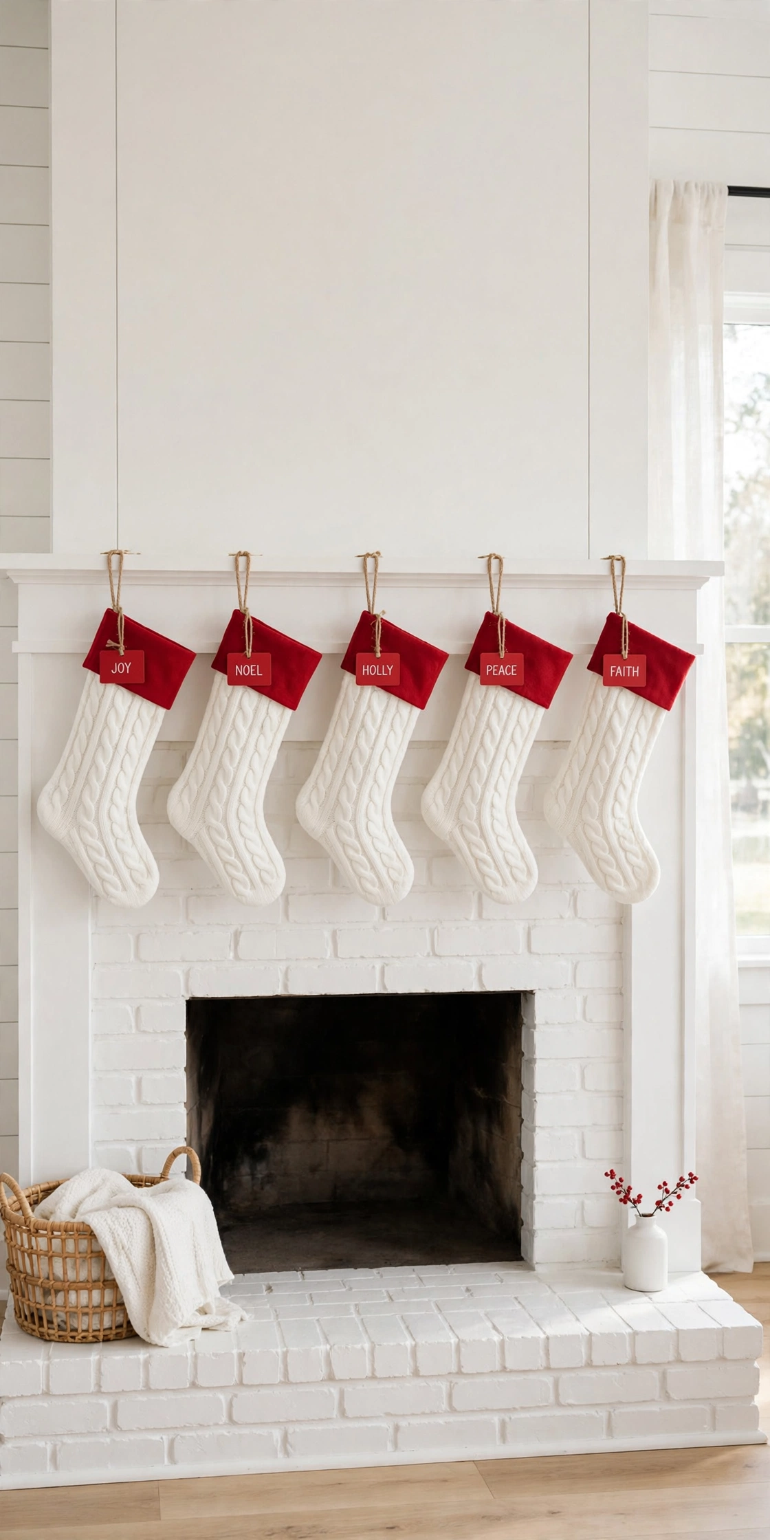 white christmas stockings red cuffs mantel