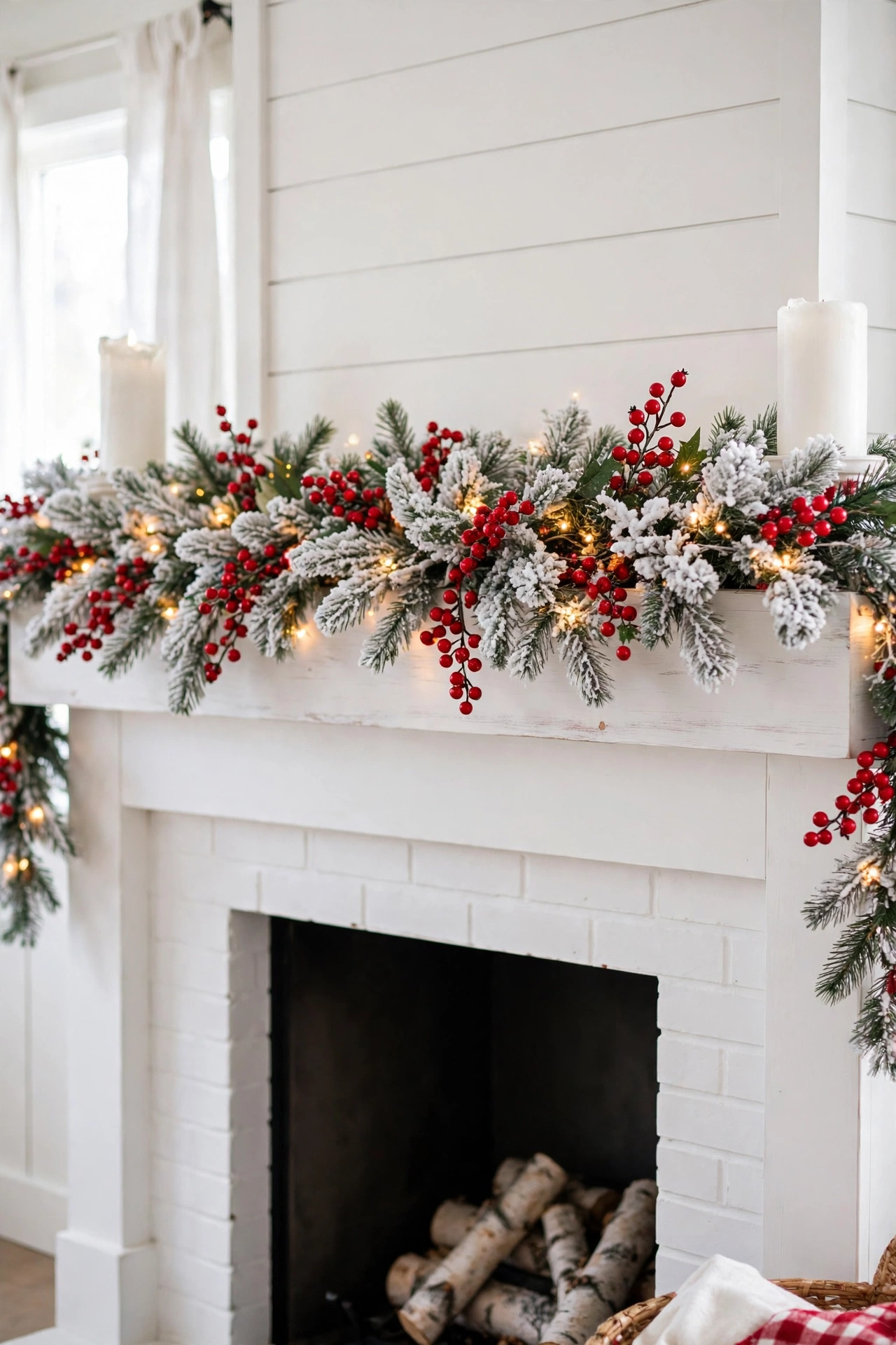 flocked garland red berries white candles christmas mantel