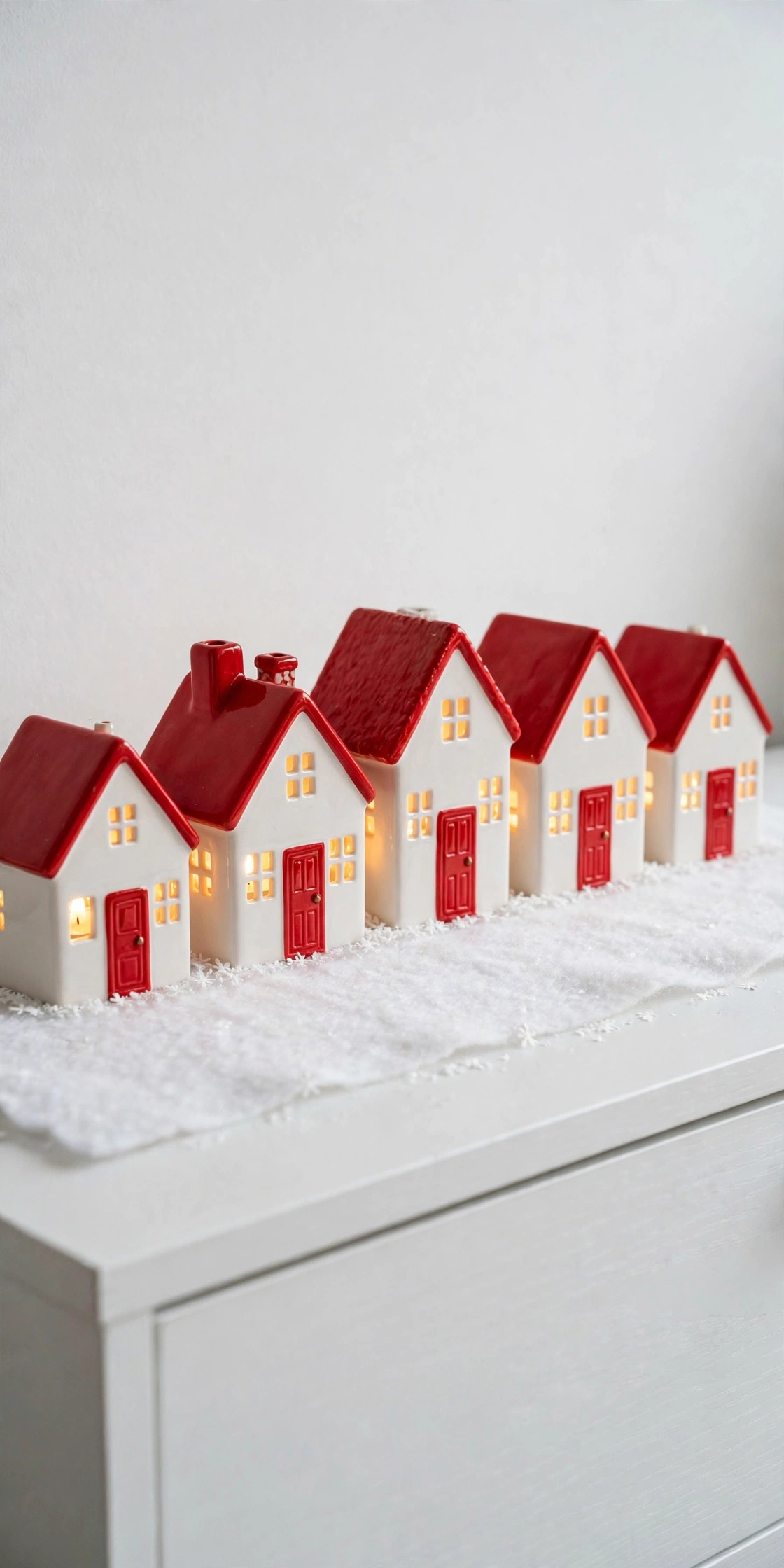 white ceramic christmas village red roofs mantel