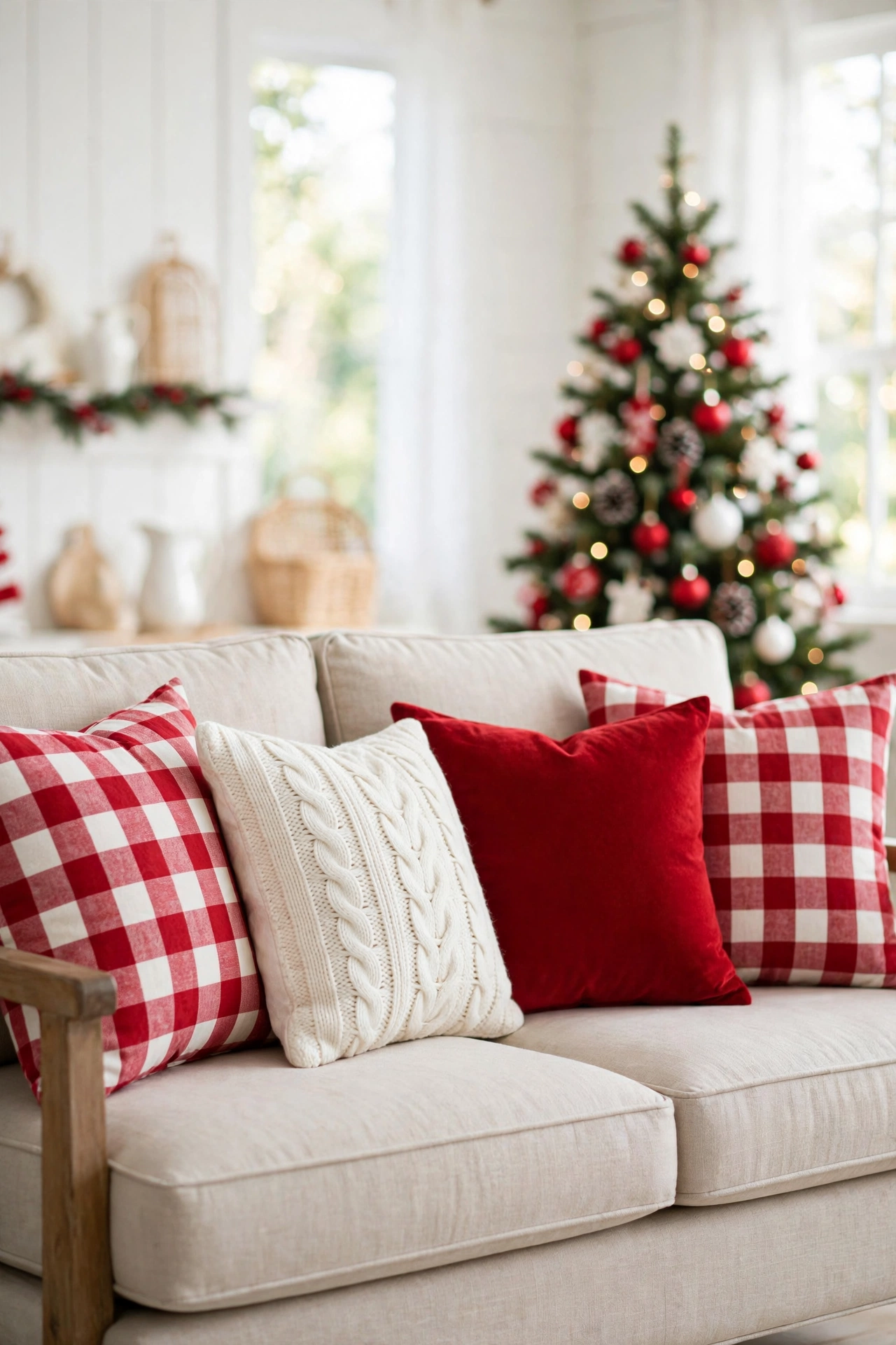 red and white buffalo check christmas pillows sofa