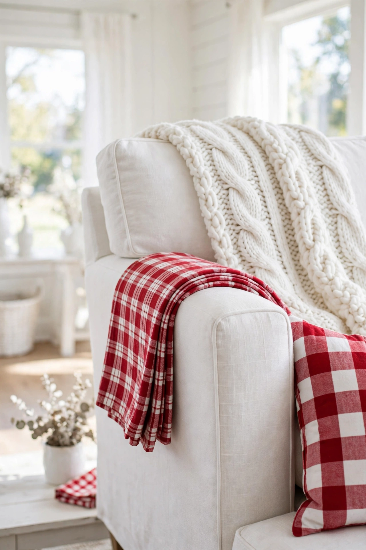 red and white christmas throw blanket white sofa