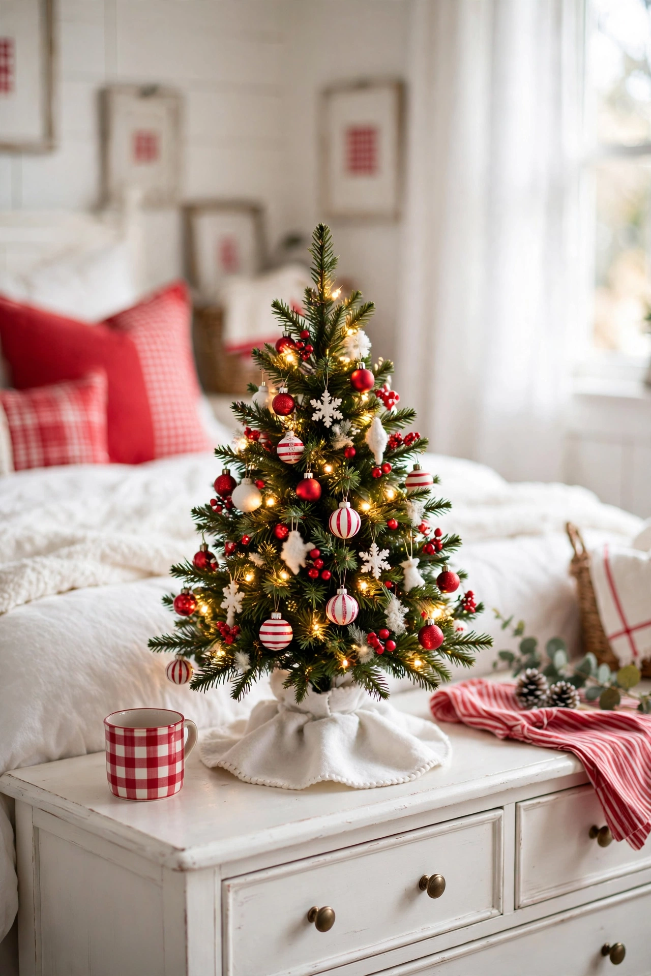 small red and white christmas tree bedroom foot of bed