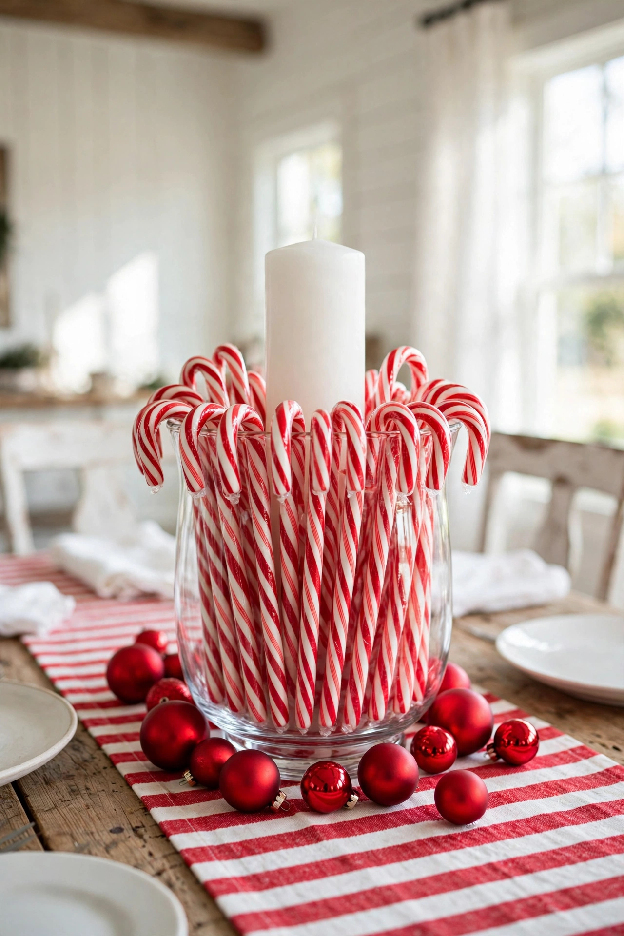 white candles candy cane centerpiece christmas table