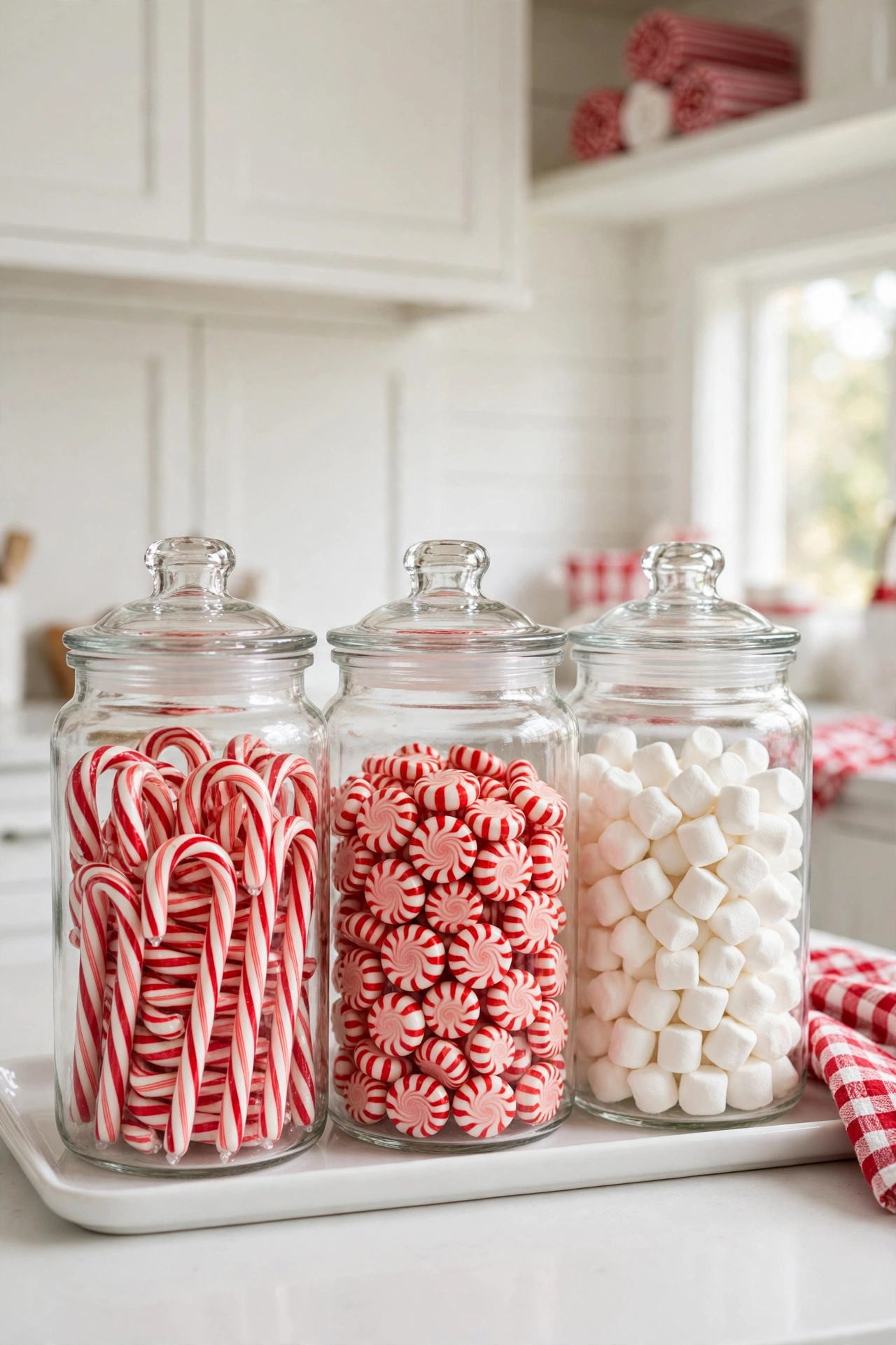 candy canes glass jars white kitchen counter christmas