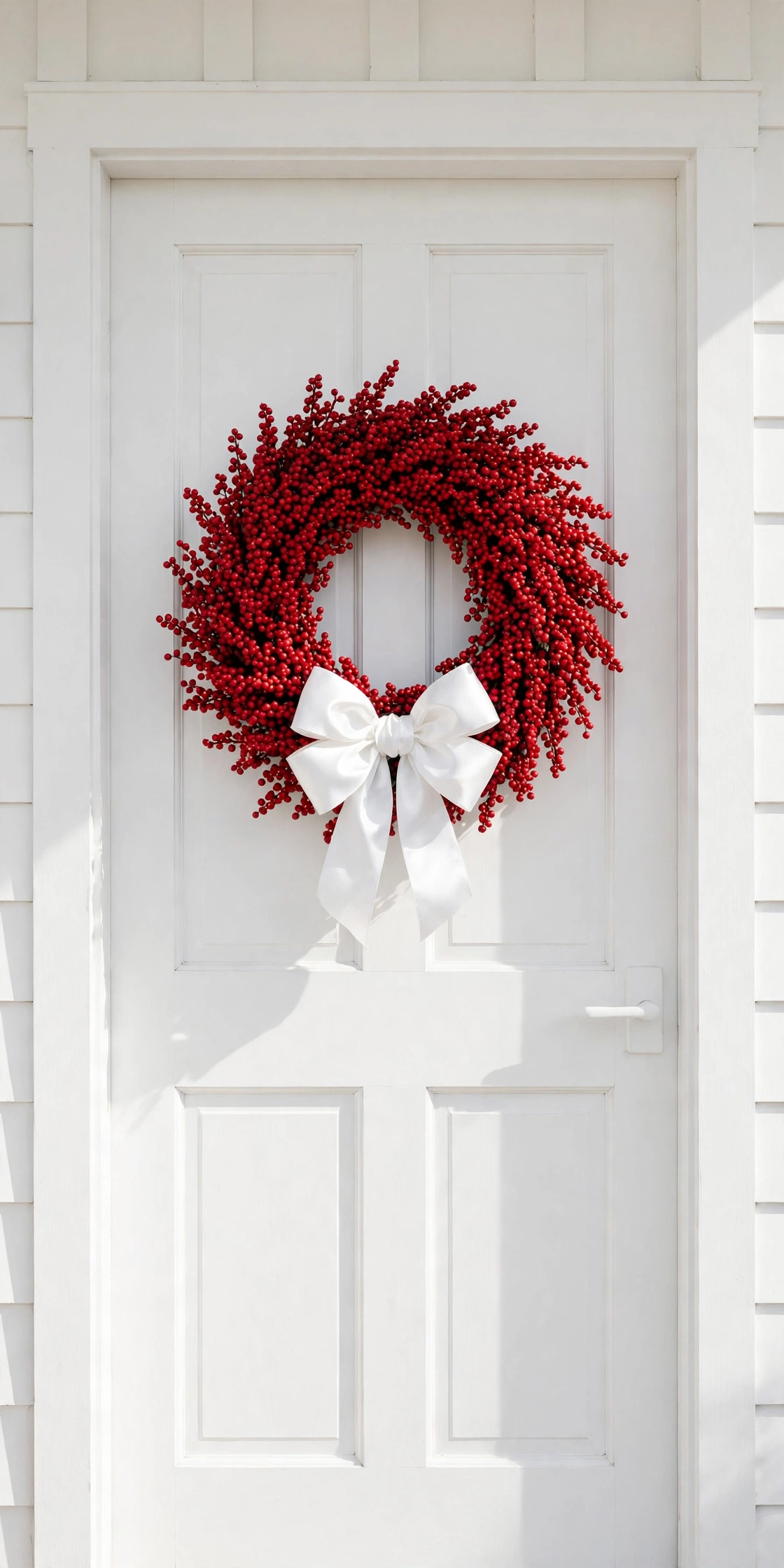 red berry wreath white bow front door christmas