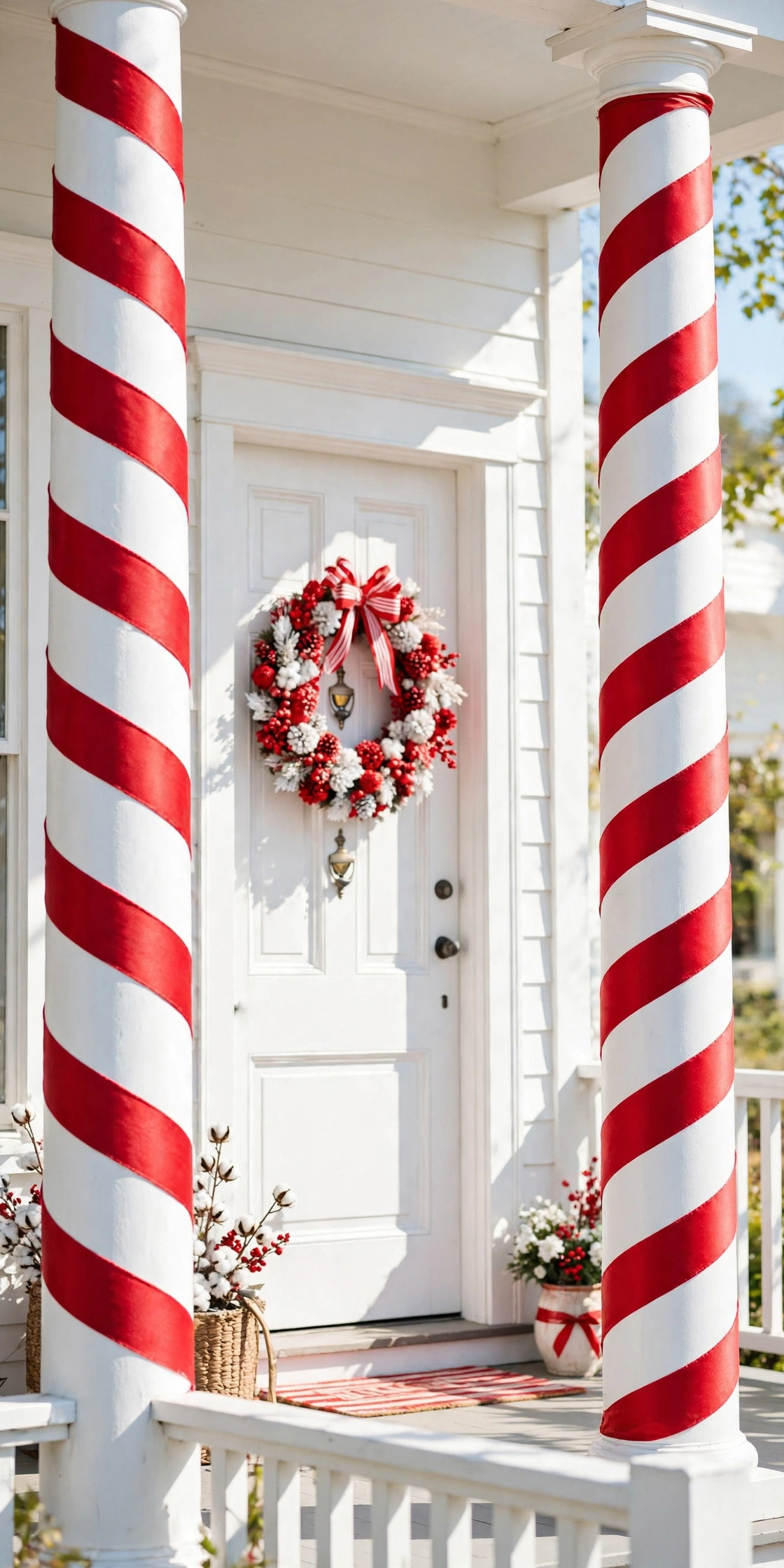 porch columns wrapped red white ribbon candy cane christmas
