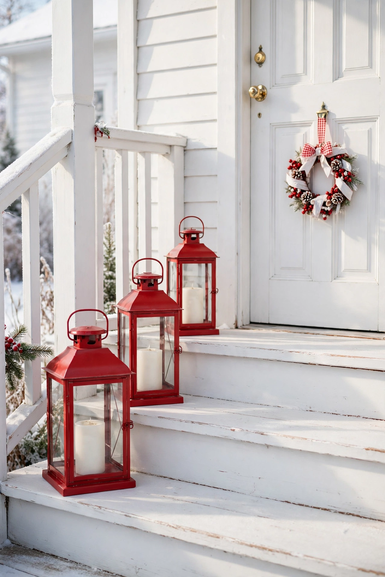 red lanterns white candles porch steps christmas