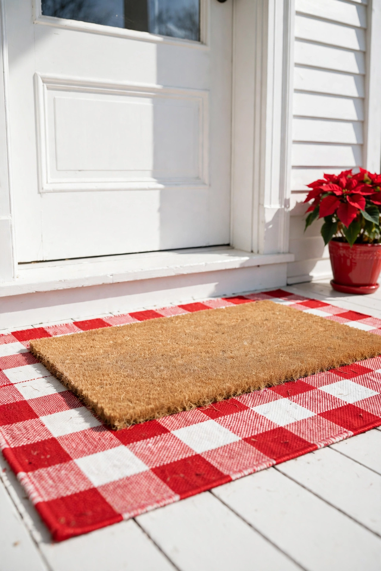 layered doormat red white check christmas porch