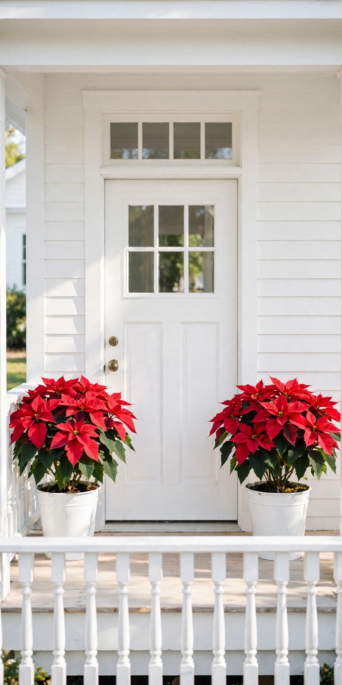 red poinsettia white planter porch christmas