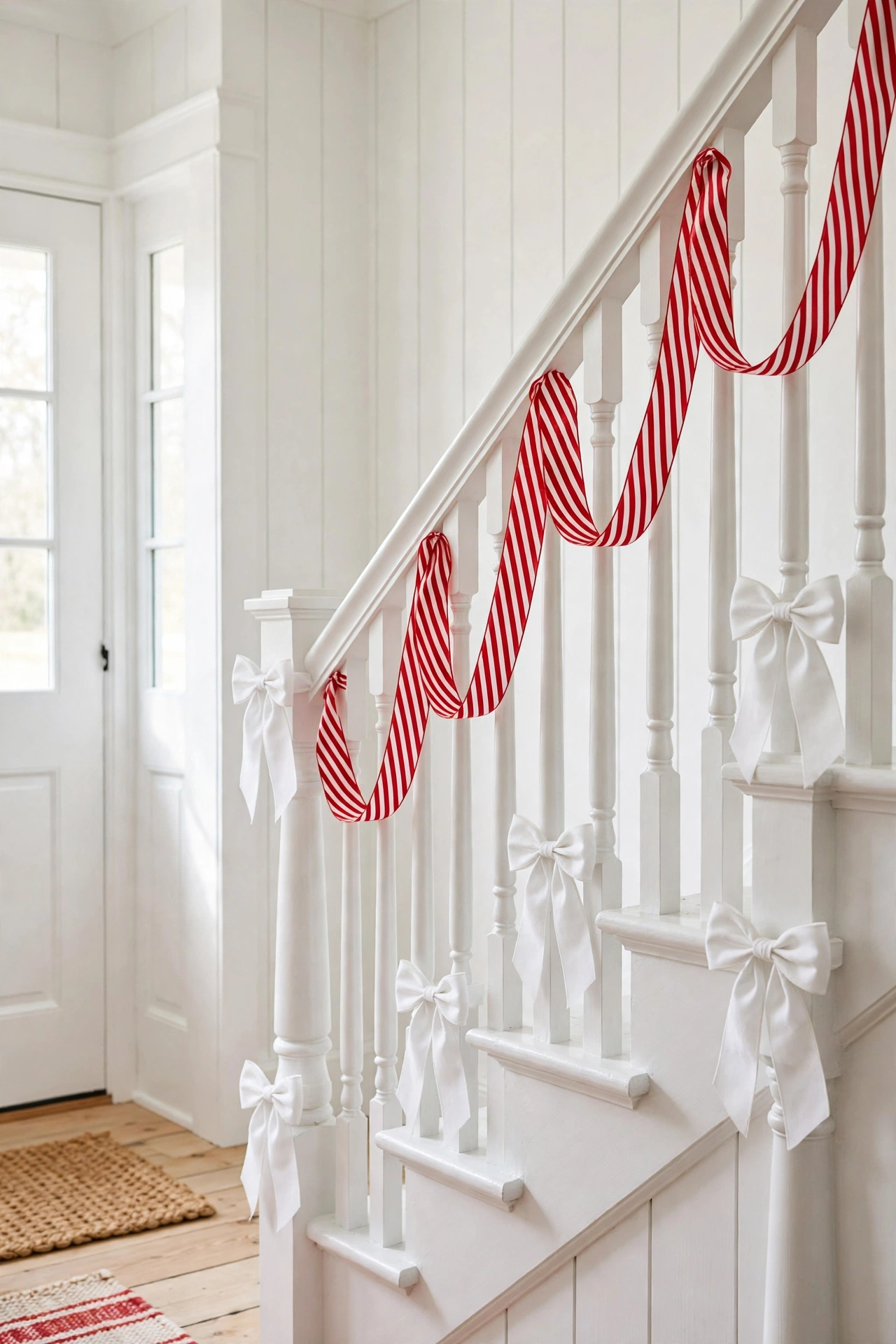 staircase railing red white striped ribbon garland christmas